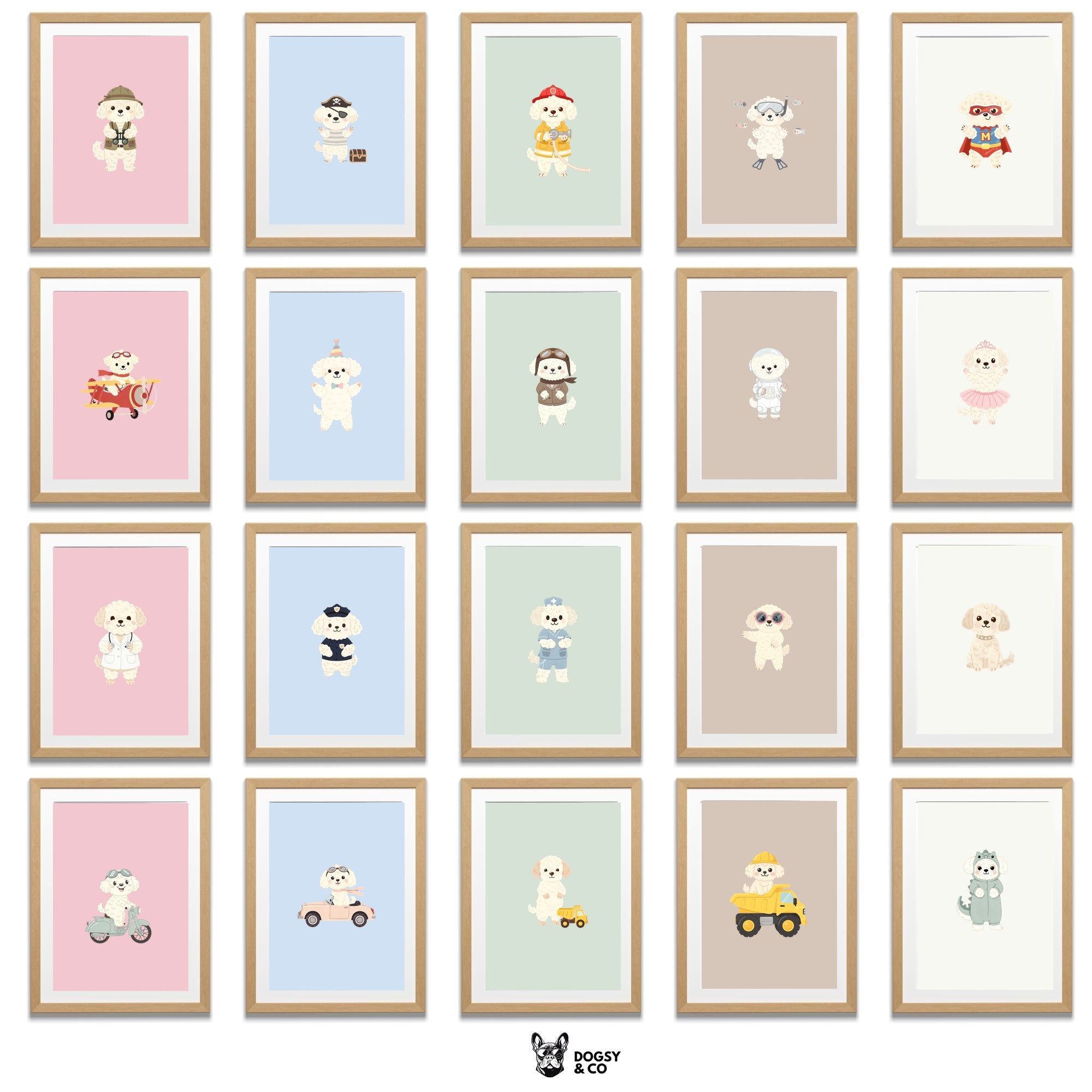 Maltipoo Kids Nursery Wall Art Print Bundle — 22 Dog Costume Designs, 5 Colours, 6 Print Sizes | Digital Download