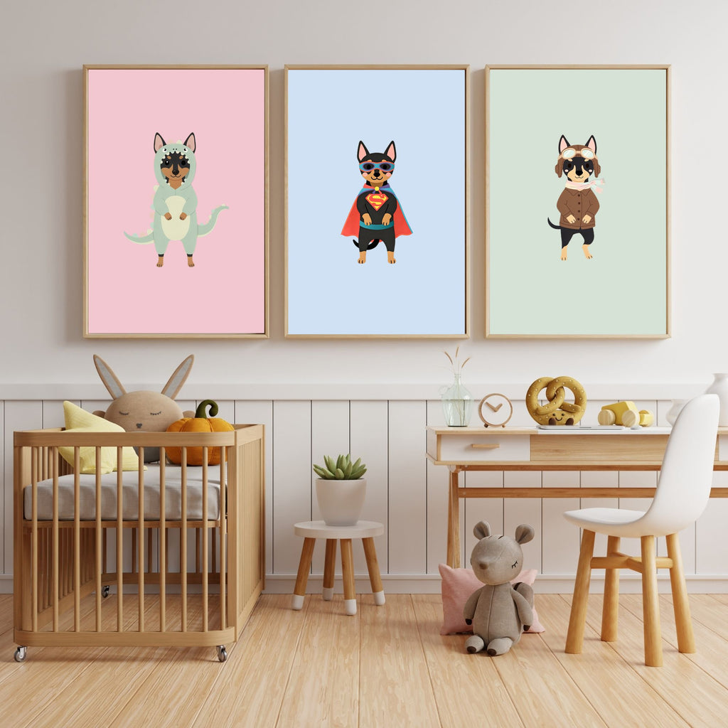 Manchester Terrier Kids Nursery Wall Art Print Bundle — 22 Dog Costume Designs, 5 Colours, 6 Print Sizes | Digital Download