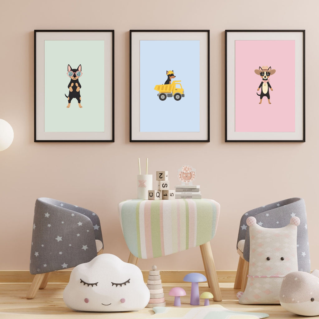 Manchester Terrier Kids Nursery Wall Art Print Bundle — 22 Dog Costume Designs, 5 Colours, 6 Print Sizes | Digital Download