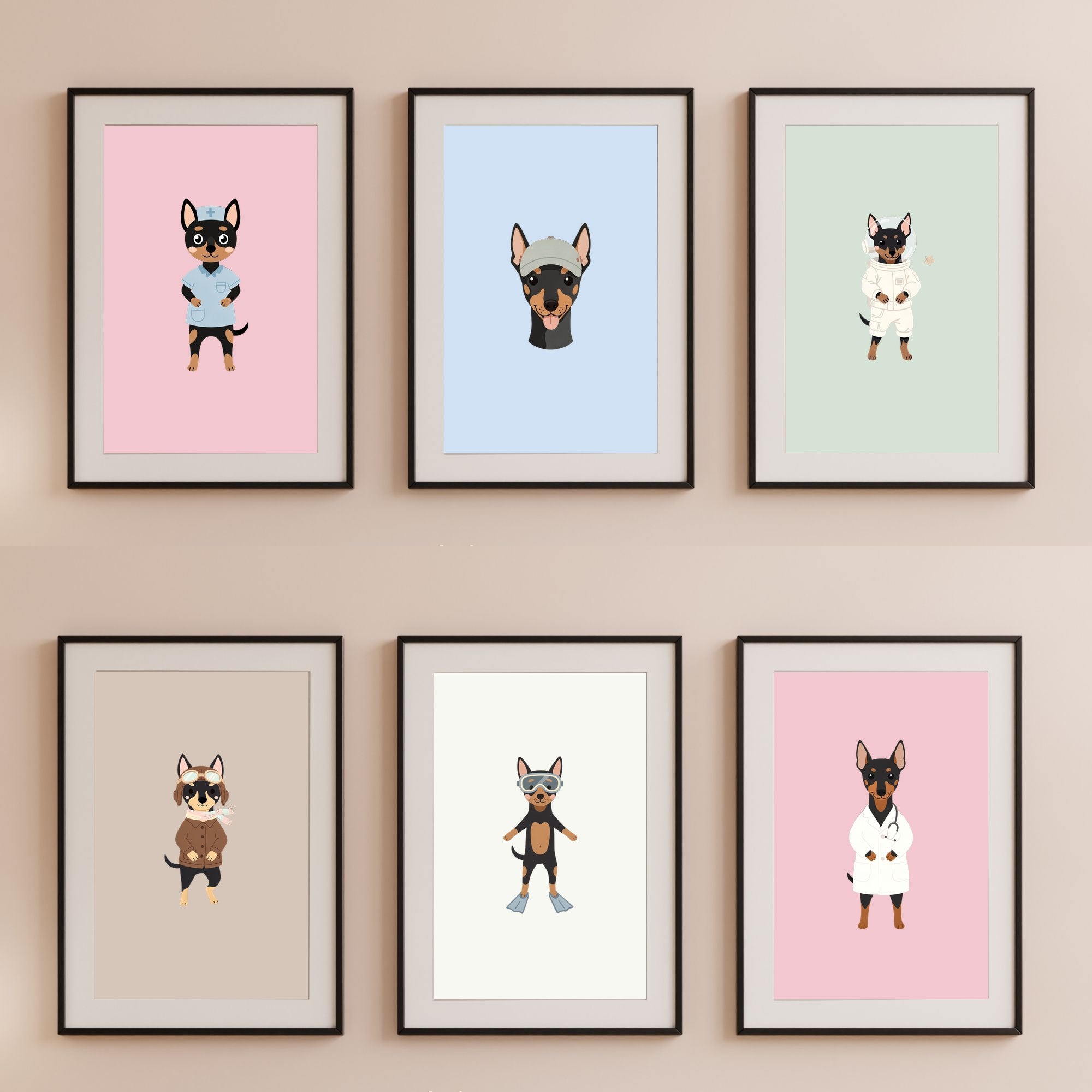 Manchester Terrier Kids Nursery Wall Art Print Bundle — 22 Dog Costume Designs, 5 Colours, 6 Print Sizes | Digital Download