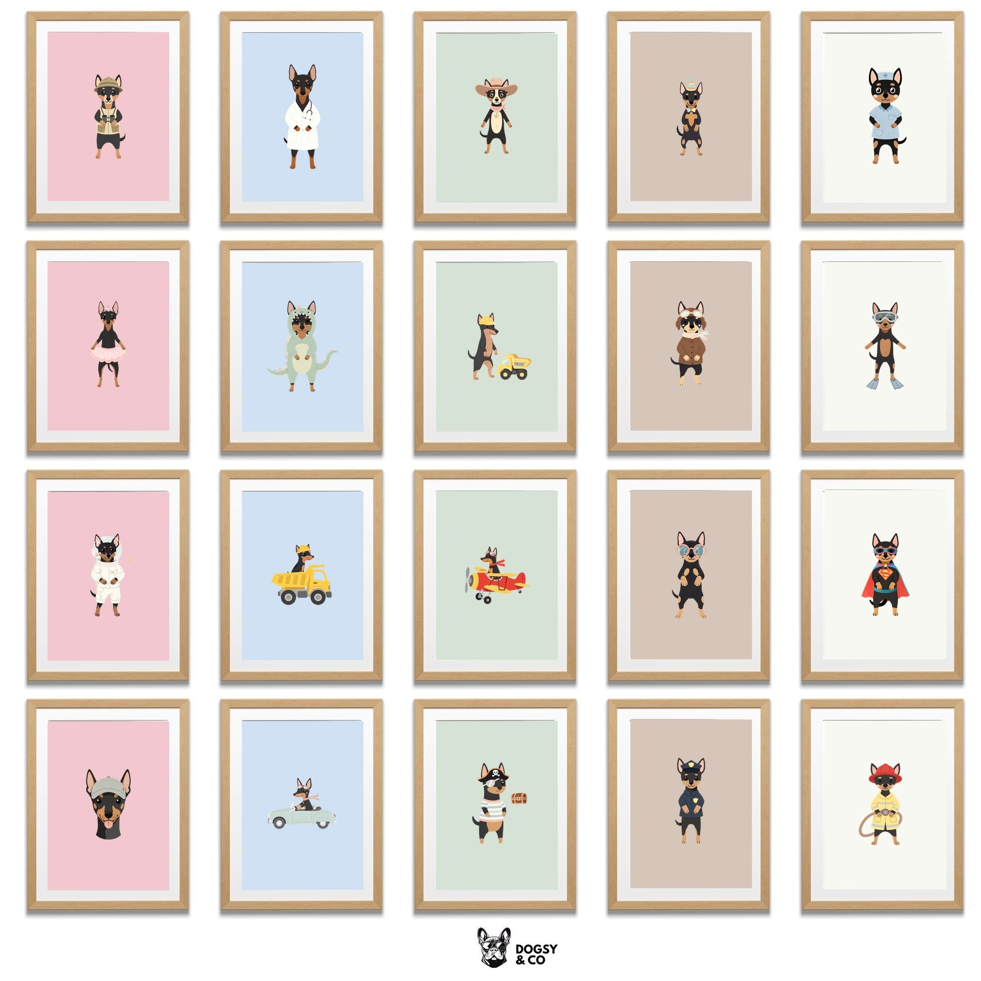 Manchester Terrier Kids Nursery Wall Art Print Bundle — 22 Dog Costume Designs, 5 Colours, 6 Print Sizes | Digital Download