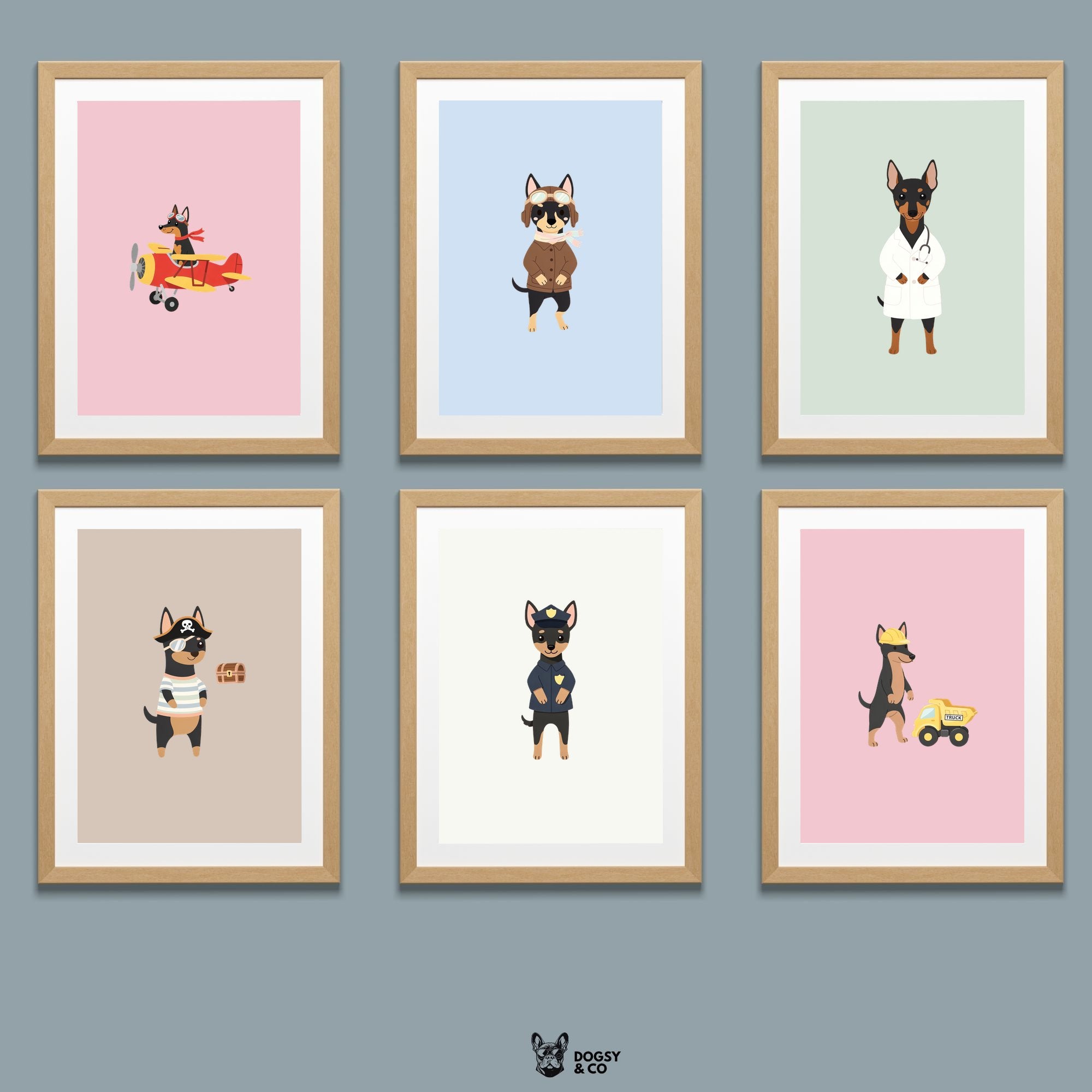 Manchester Terrier Kids Nursery Wall Art Print Bundle — 22 Dog Costume Designs, 5 Colours, 6 Print Sizes | Digital Download