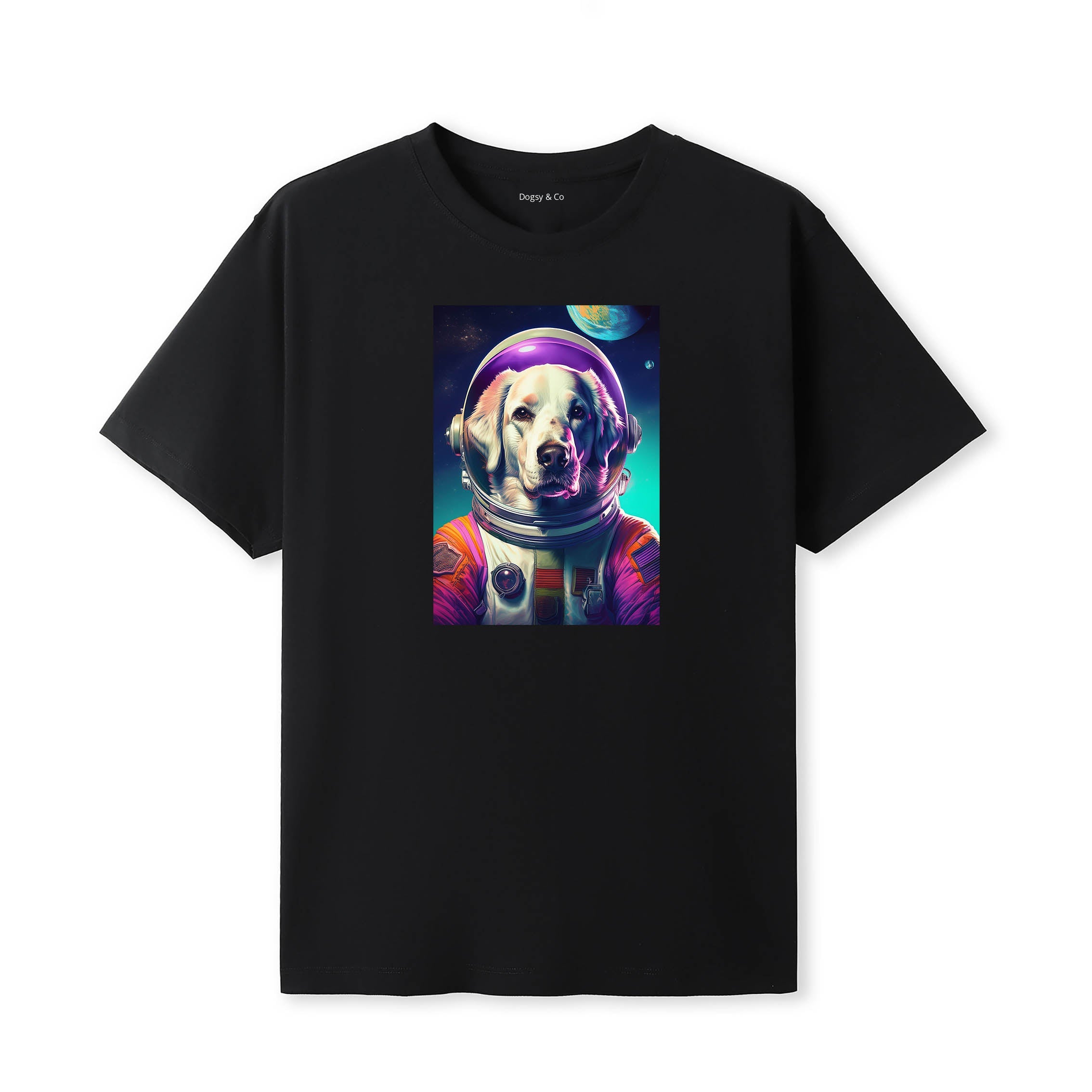 Maremma Space Dogs T-Shirt colourful astronaut dog artwork in a retro space design