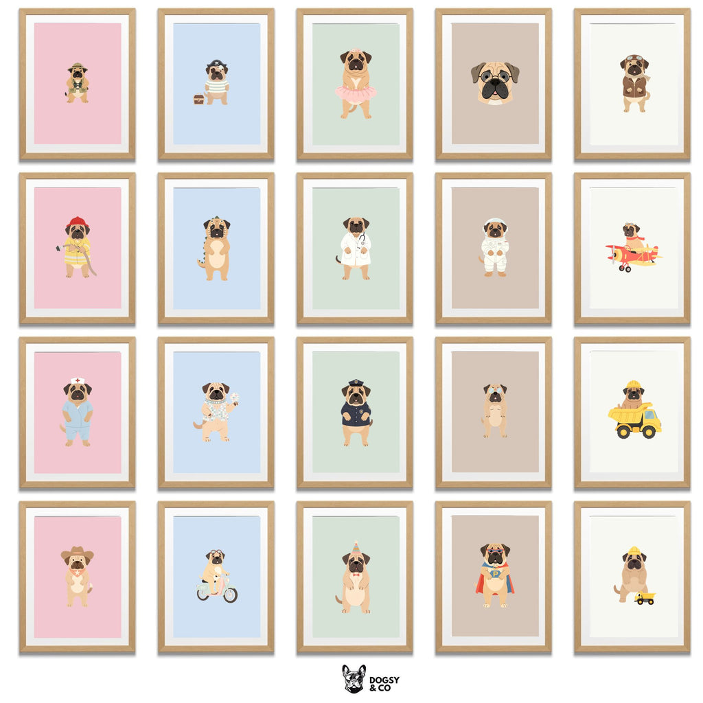 Mastiff Kids Nursery Wall Art Print Bundle — 22 Dog Costume Designs, 5 Colours, 6 Print Sizes | Digital Download