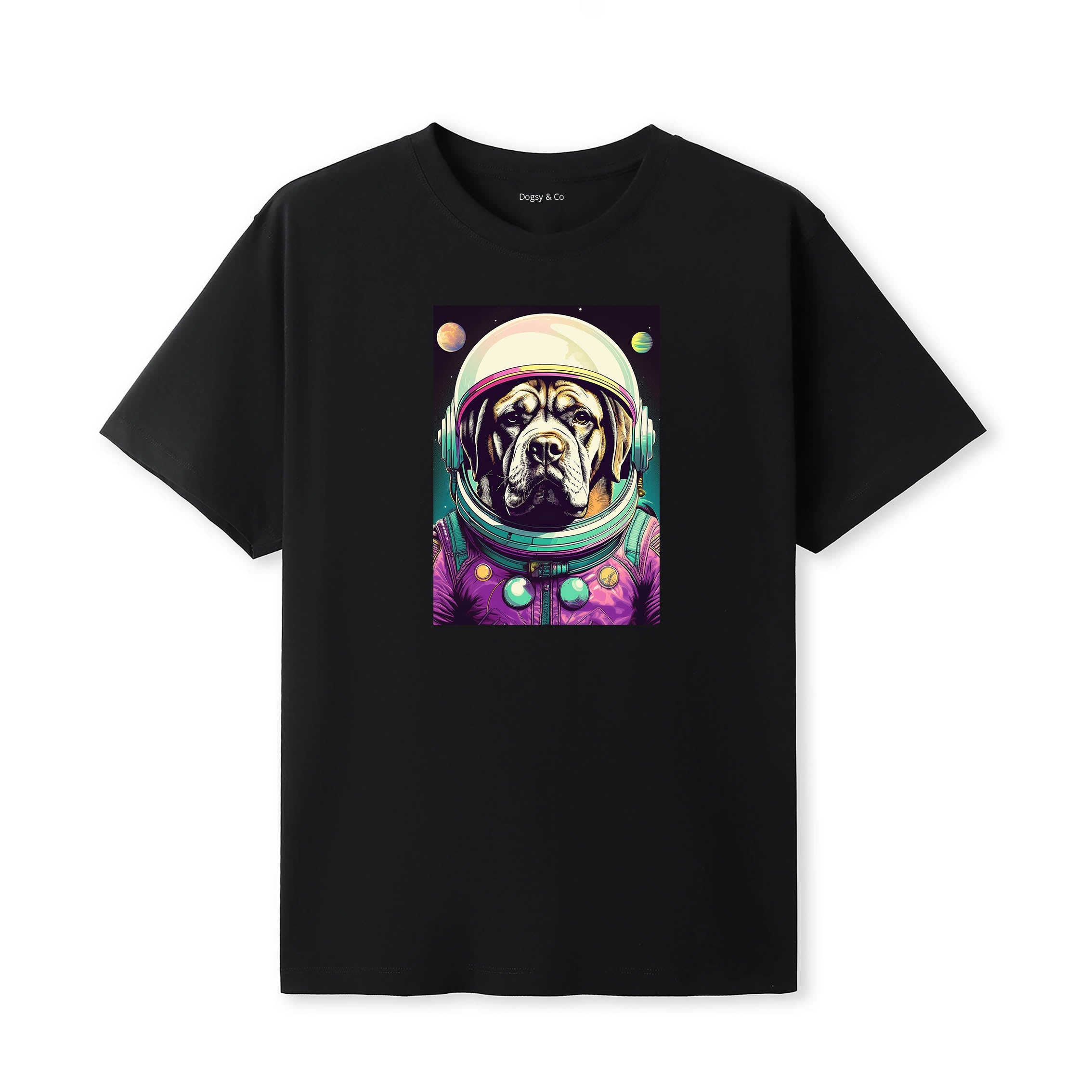 Mastiff Space Dogs T-Shirt colourful astronaut dog artwork in a retro space design