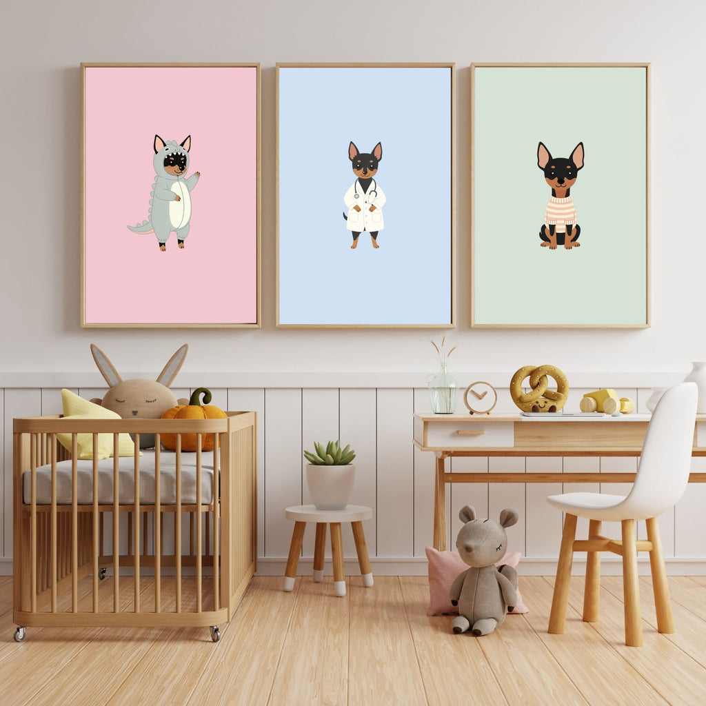 Miniature Pinscher Kids Nursery Wall Art Print Bundle — 22 Dog Costume Designs, 5 Colours, 6 Print Sizes | Digital Download