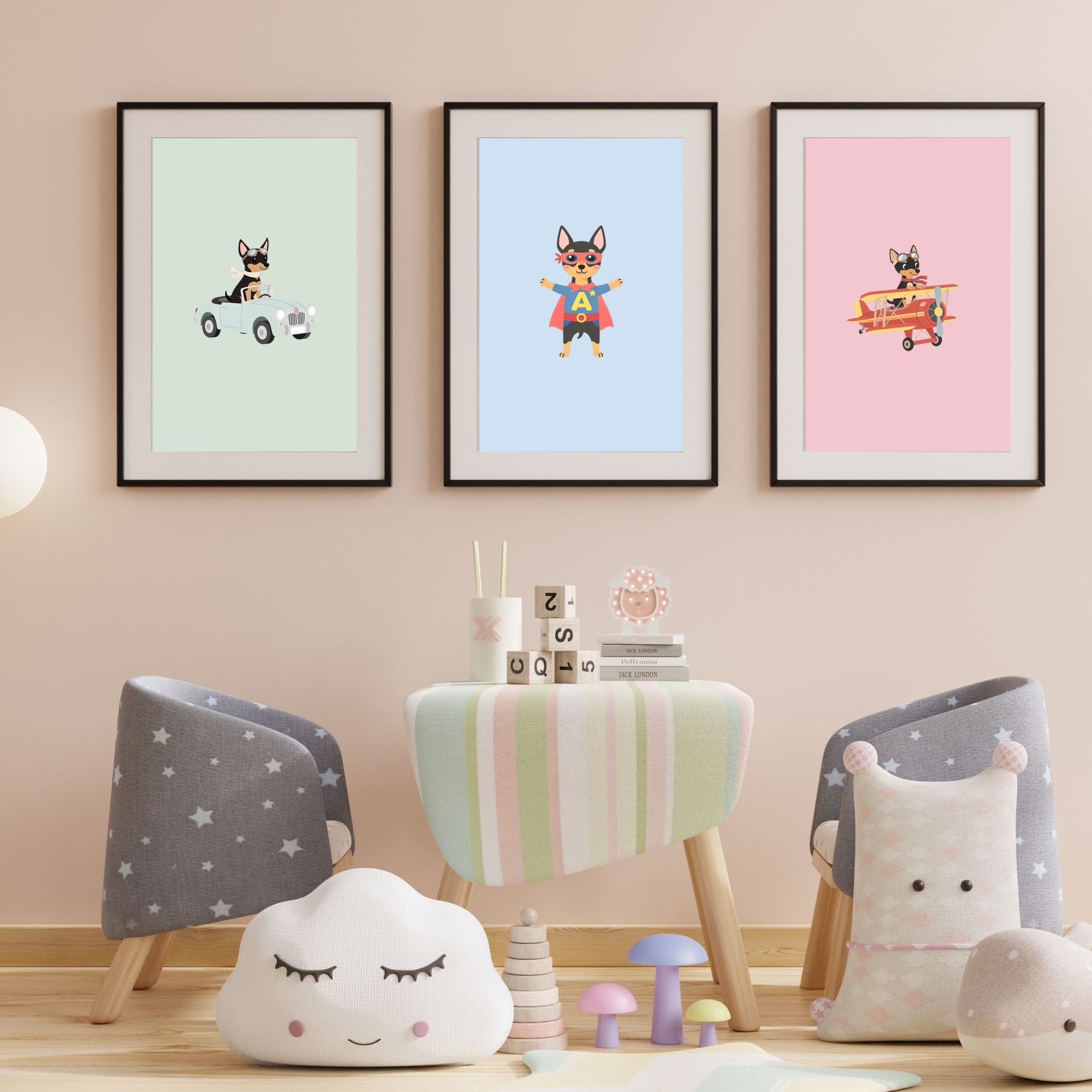 Miniature Pinscher Kids Nursery Wall Art Print Bundle — 22 Dog Costume Designs, 5 Colours, 6 Print Sizes | Digital Download
