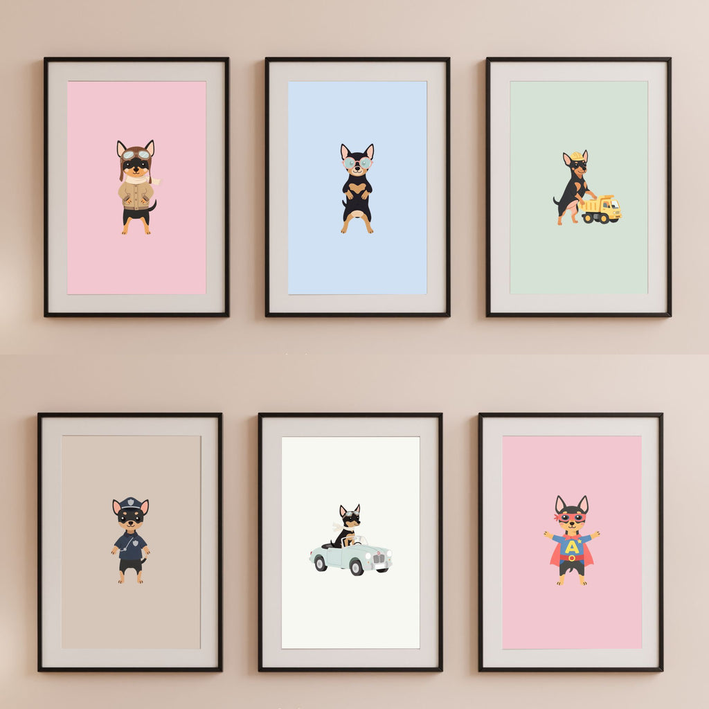 Miniature Pinscher Kids Nursery Wall Art Print Bundle — 22 Dog Costume Designs, 5 Colours, 6 Print Sizes | Digital Download