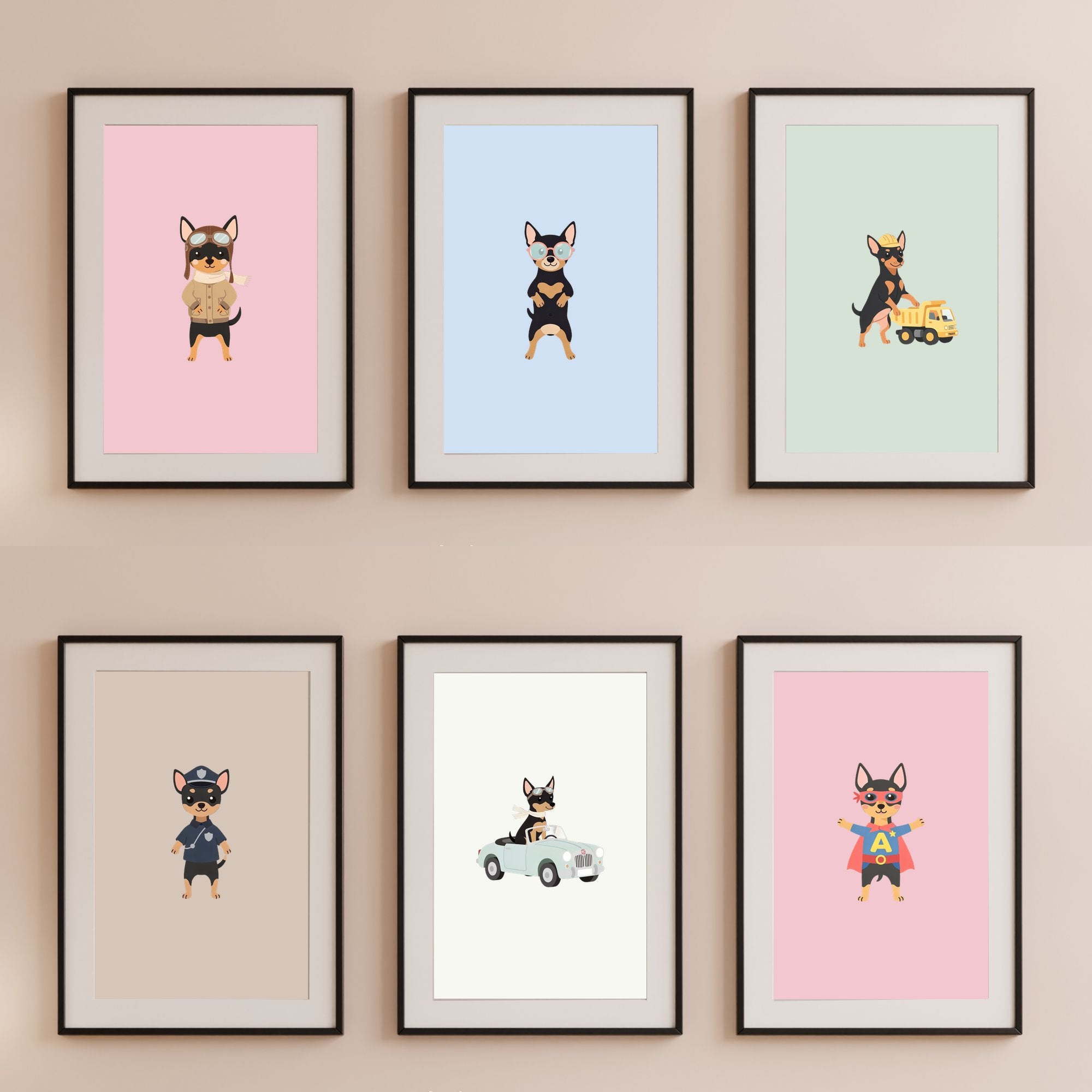 Miniature Pinscher Kids Nursery Wall Art Print Bundle — 22 Dog Costume Designs, 5 Colours, 6 Print Sizes | Digital Download