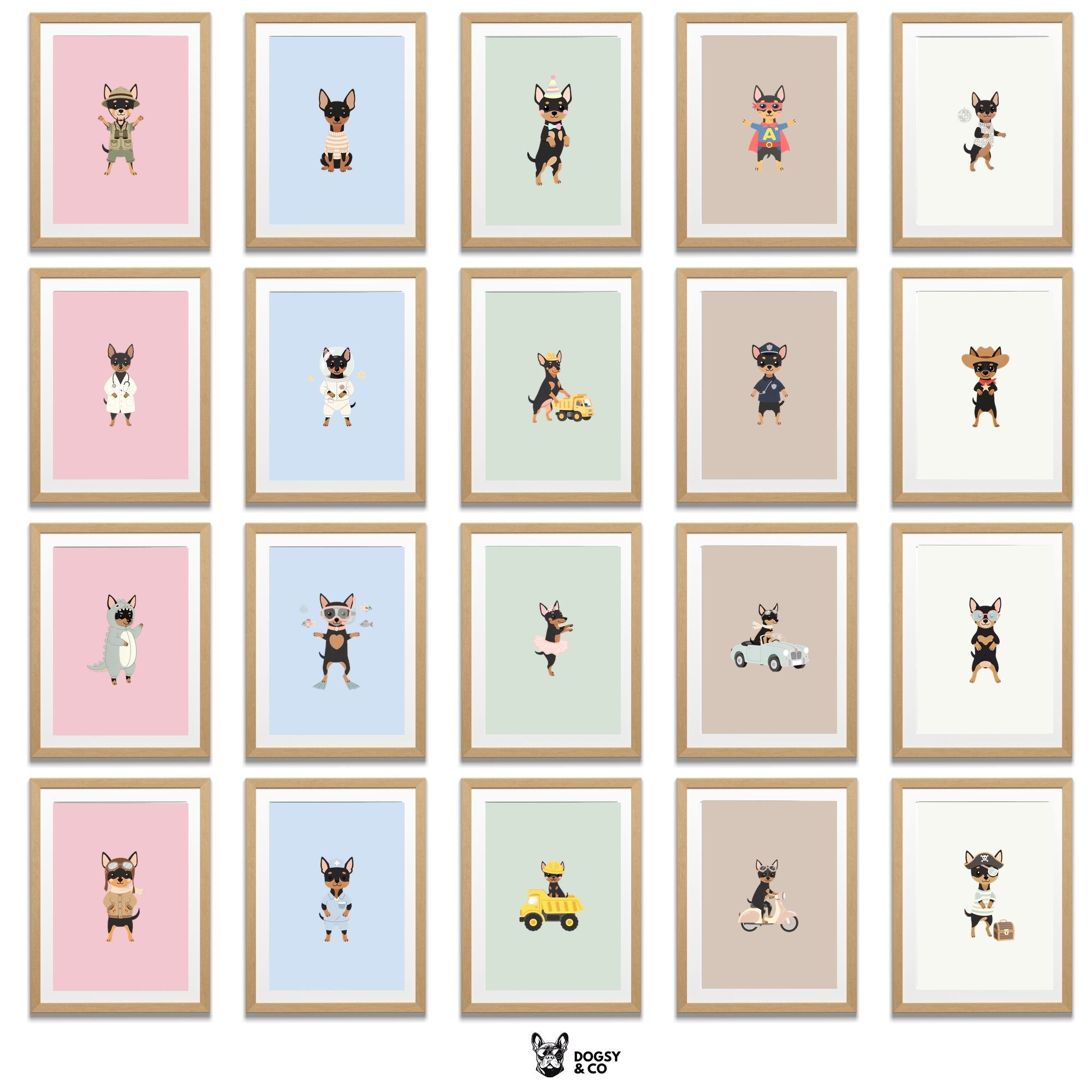 Miniature Pinscher Kids Nursery Wall Art Print Bundle — 22 Dog Costume Designs, 5 Colours, 6 Print Sizes | Digital Download