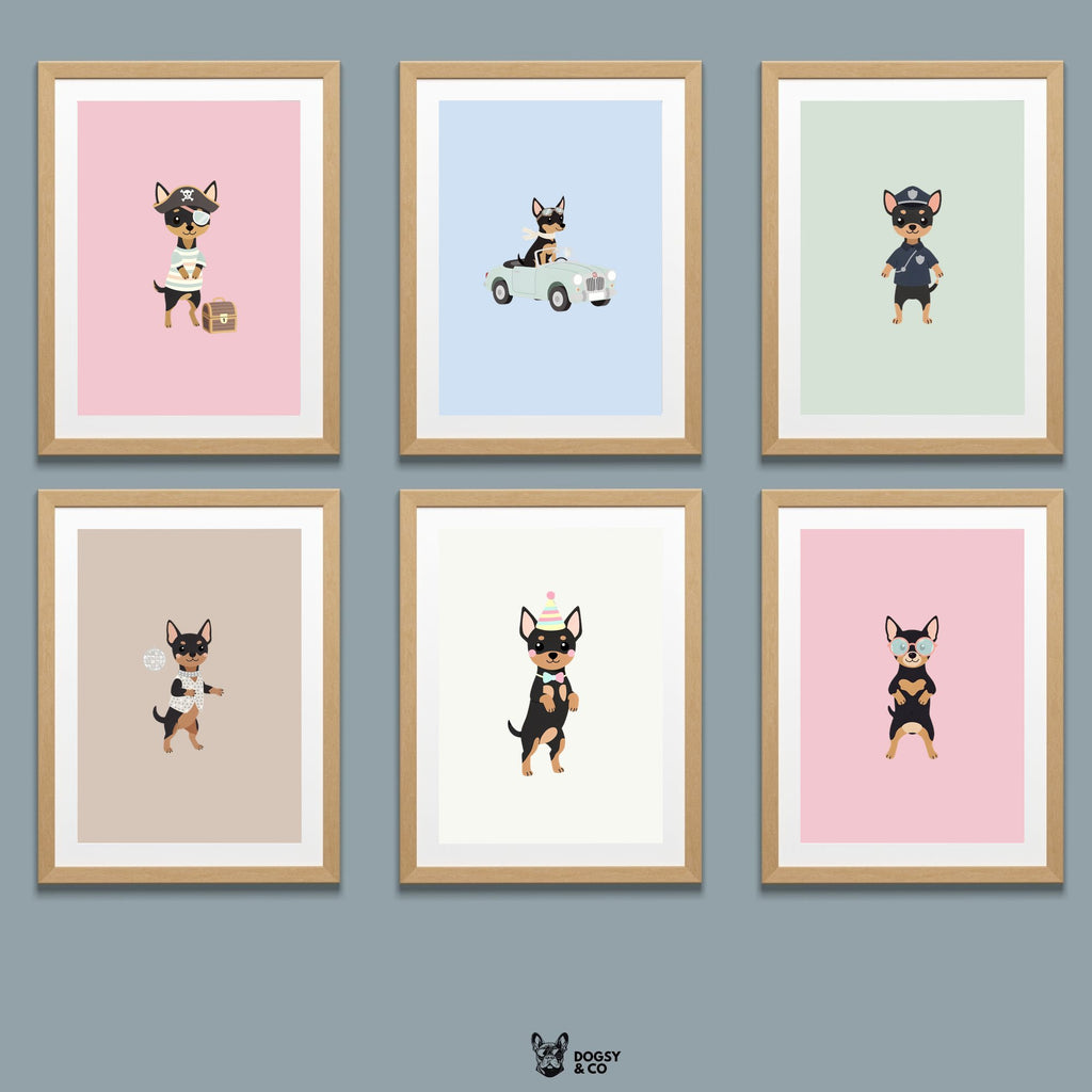 Miniature Pinscher Kids Nursery Wall Art Print Bundle — 22 Dog Costume Designs, 5 Colours, 6 Print Sizes | Digital Download