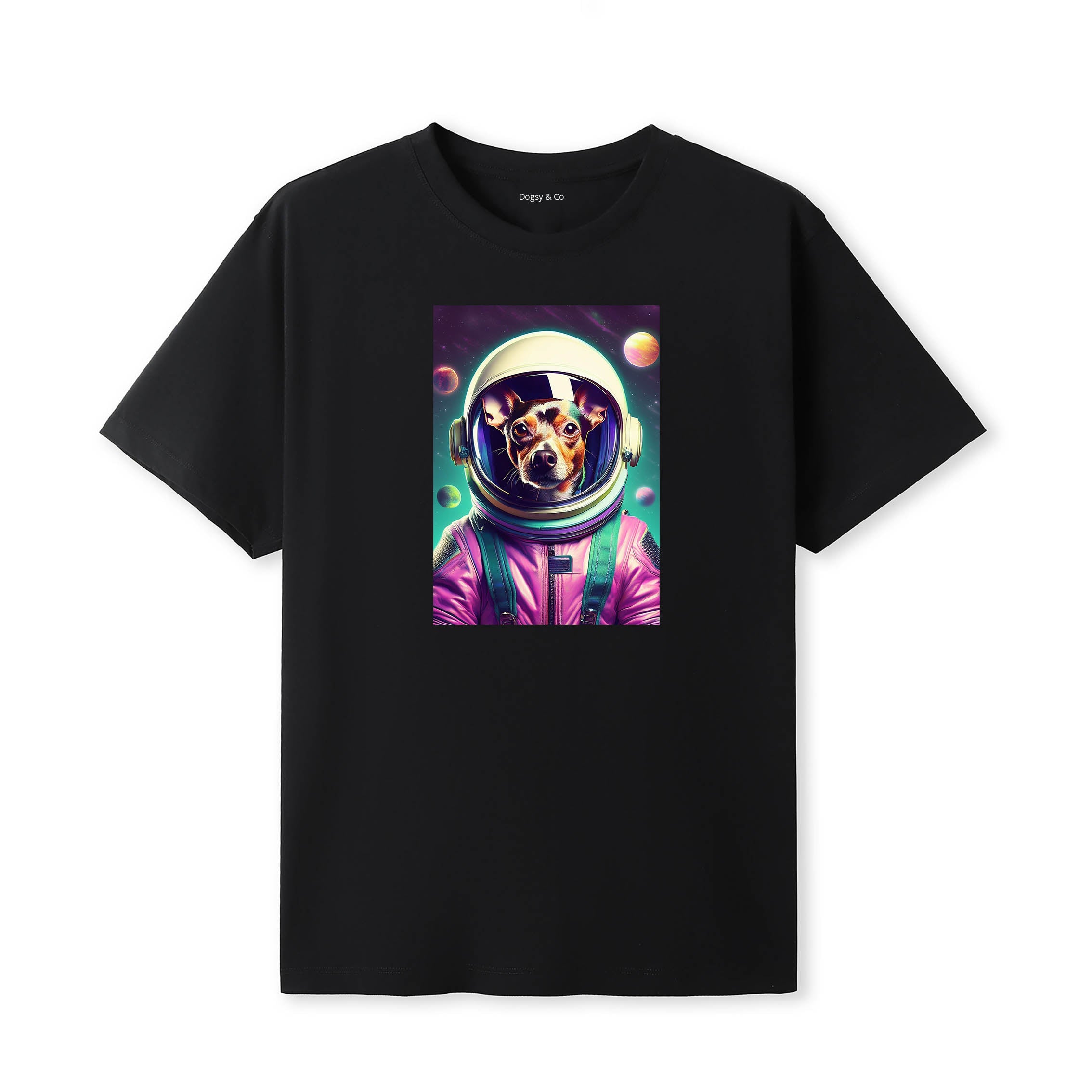 Miniature Pinscher Space Dogs T-Shirt colourful astronaut dog artwork in a retro space design