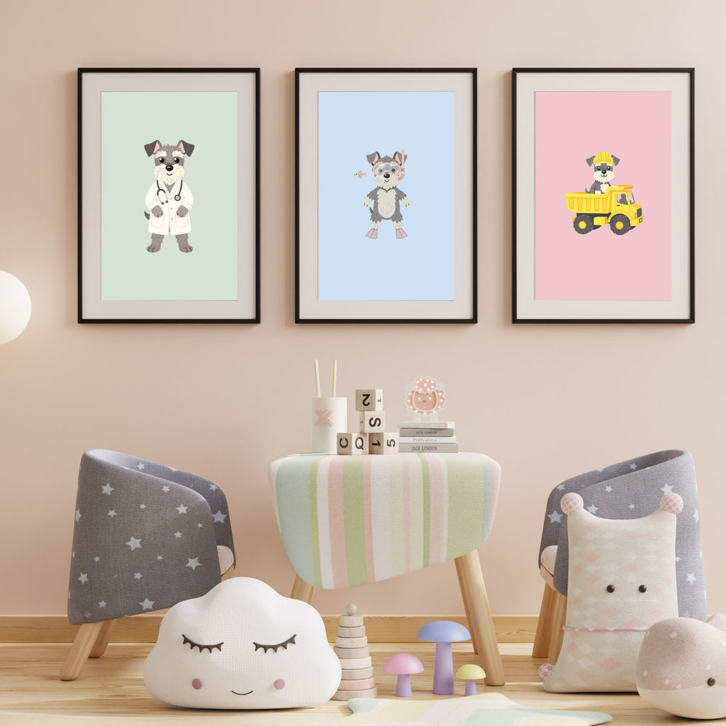 Miniature Schnauzer Kids Nursery Wall Art Print Bundle — 22 Dog Costume Designs, 5 Colours, 6 Print Sizes | Digital Download