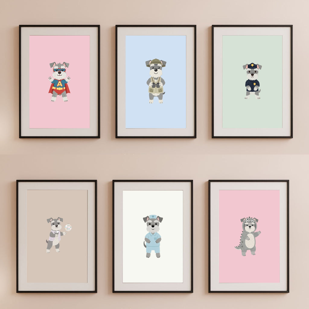 Miniature Schnauzer Kids Nursery Wall Art Print Bundle — 22 Dog Costume Designs, 5 Colours, 6 Print Sizes | Digital Download