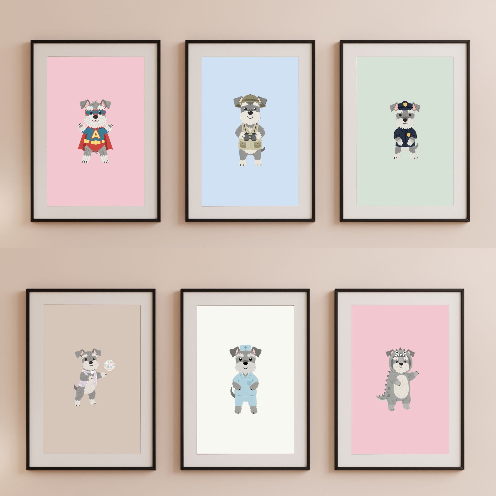 Miniature Schnauzer Kids Nursery Wall Art Print Bundle — 22 Dog Costume Designs, 5 Colours, 6 Print Sizes | Digital Download