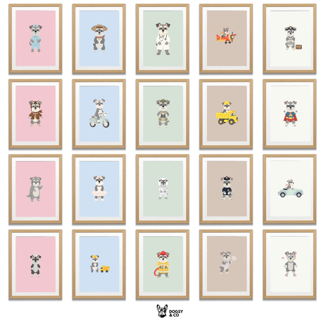 Miniature Schnauzer Kids Nursery Wall Art Print Bundle — 22 Dog Costume Designs, 5 Colours, 6 Print Sizes | Digital Download