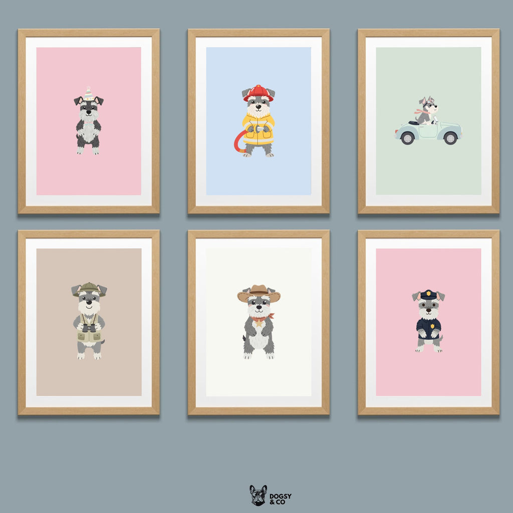 Miniature Schnauzer Kids Nursery Wall Art Print Bundle — 22 Dog Costume Designs, 5 Colours, 6 Print Sizes | Digital Download