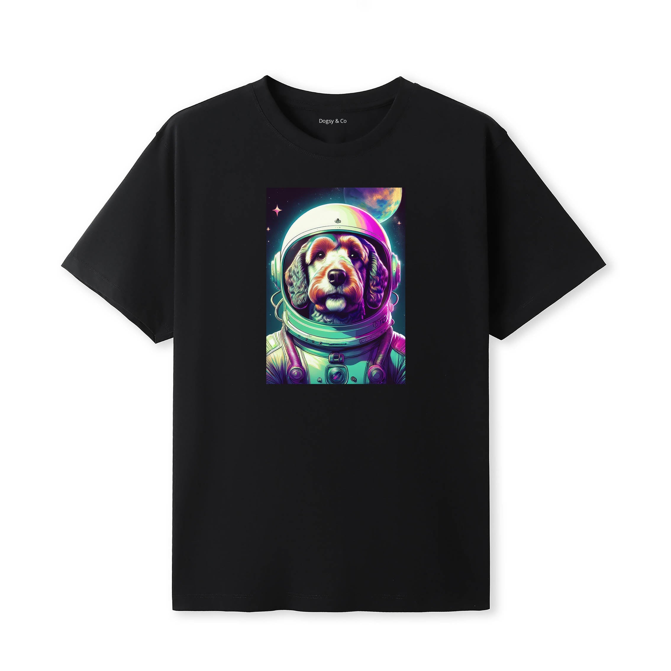 Moodle Space Dogs T-Shirt colourful astronaut dog artwork in a retro space design