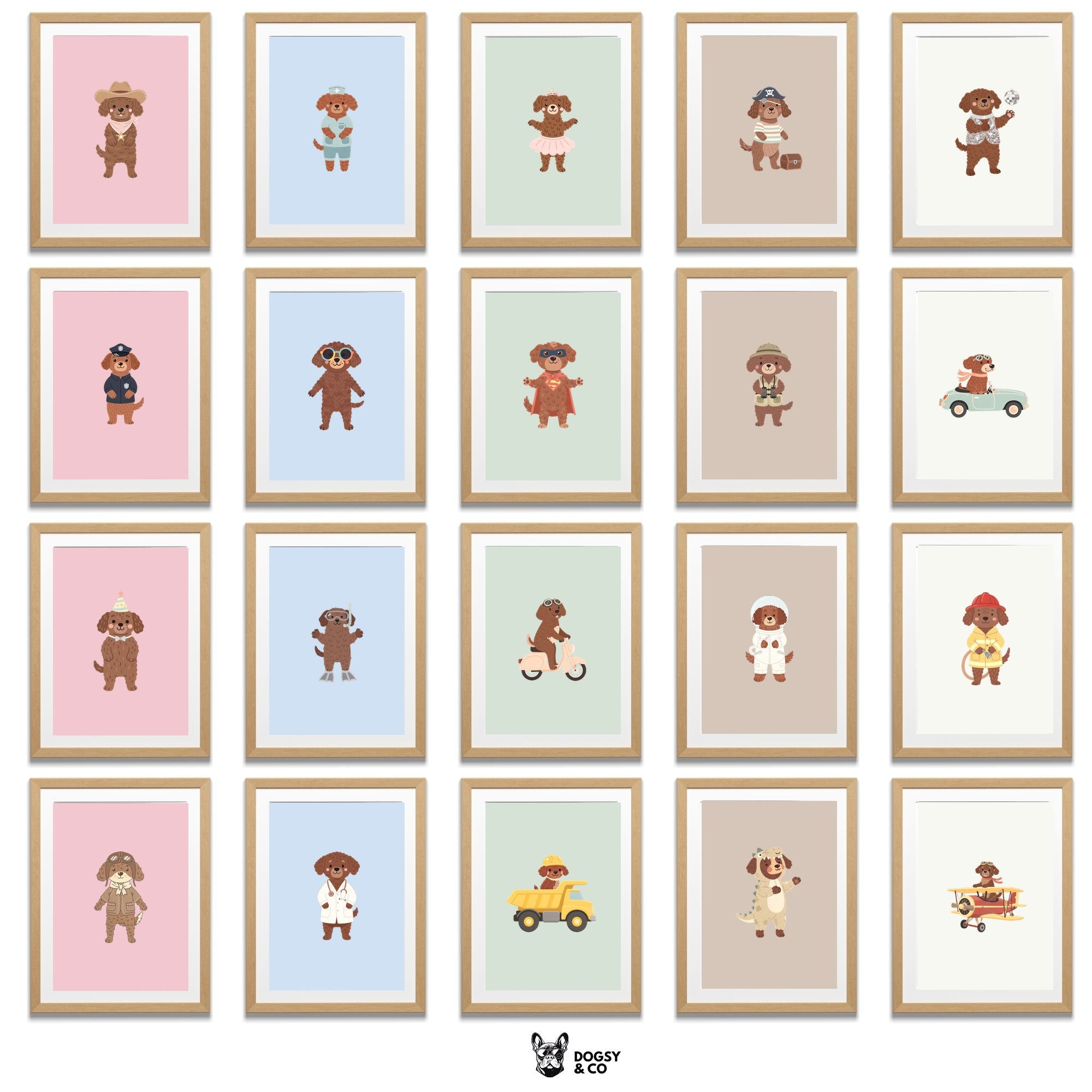 Murray River Retriever Kids Nursery Wall Art Print Bundle — 22 Dog Costume Designs, 5 Colours, 6 Print Sizes | Digital Download