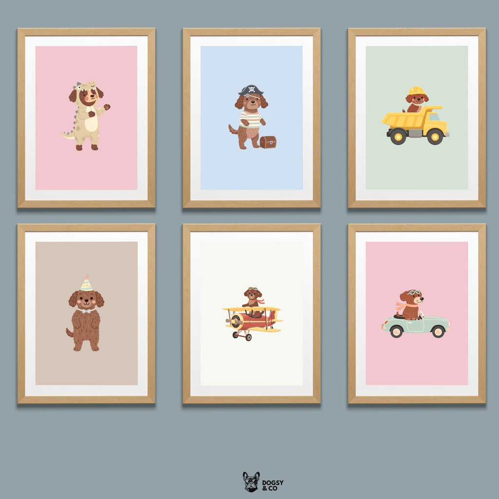 Murray River Retriever Kids Nursery Wall Art Print Bundle — 22 Dog Costume Designs, 5 Colours, 6 Print Sizes | Digital Download
