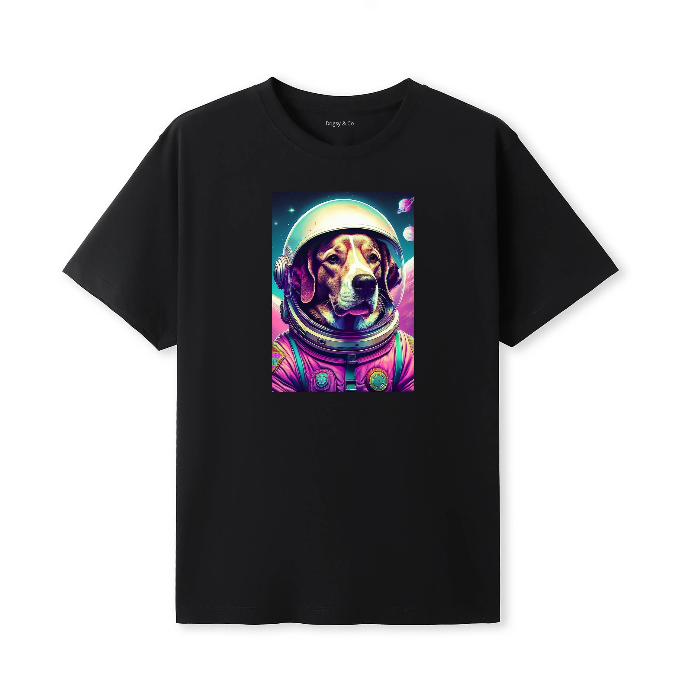 Murray River Retriever Space Dogs T-Shirt colourful astronaut dog artwork in a retro space design