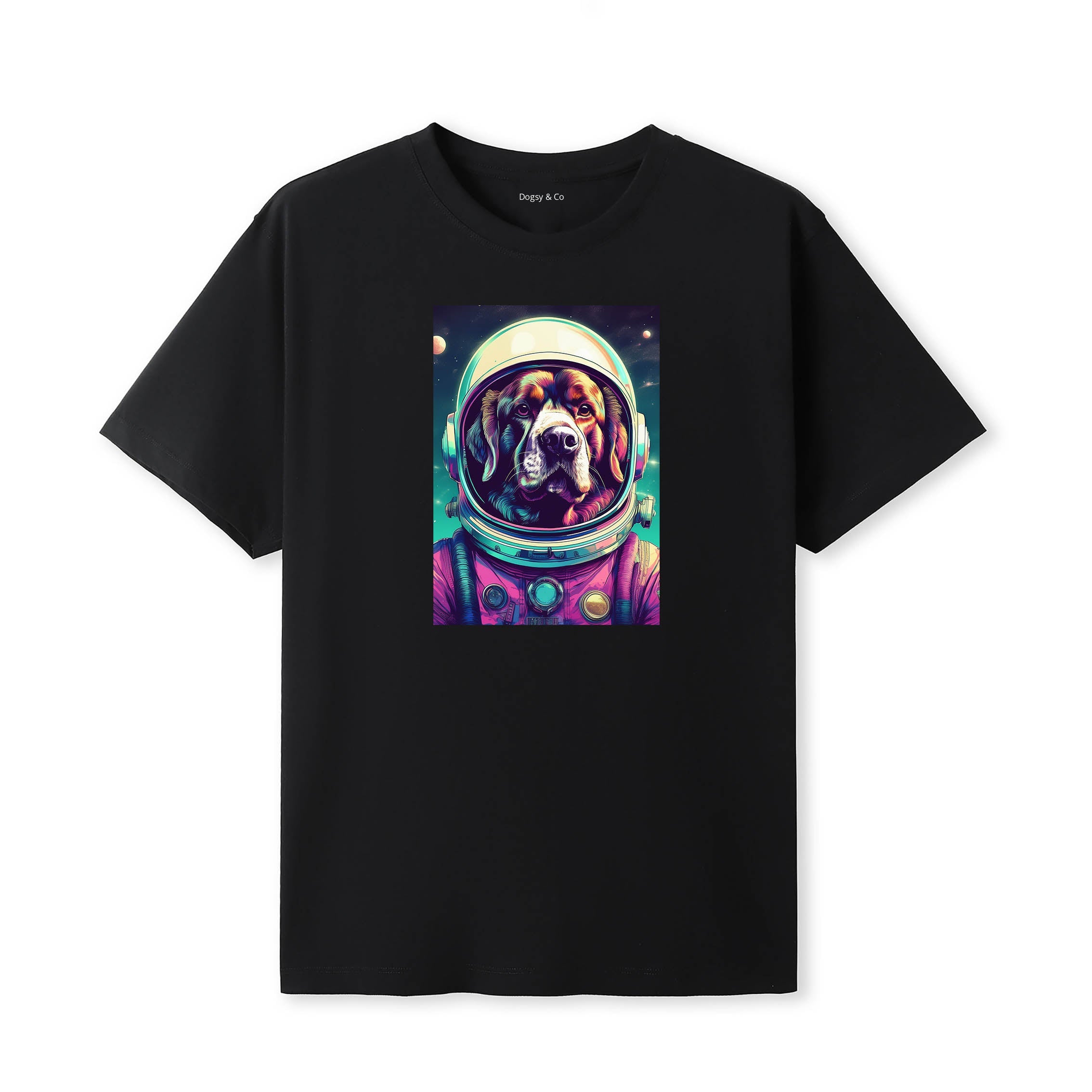 Newfoundland Space Dogs T-Shirt colourful astronaut dog artwork in a retro space design