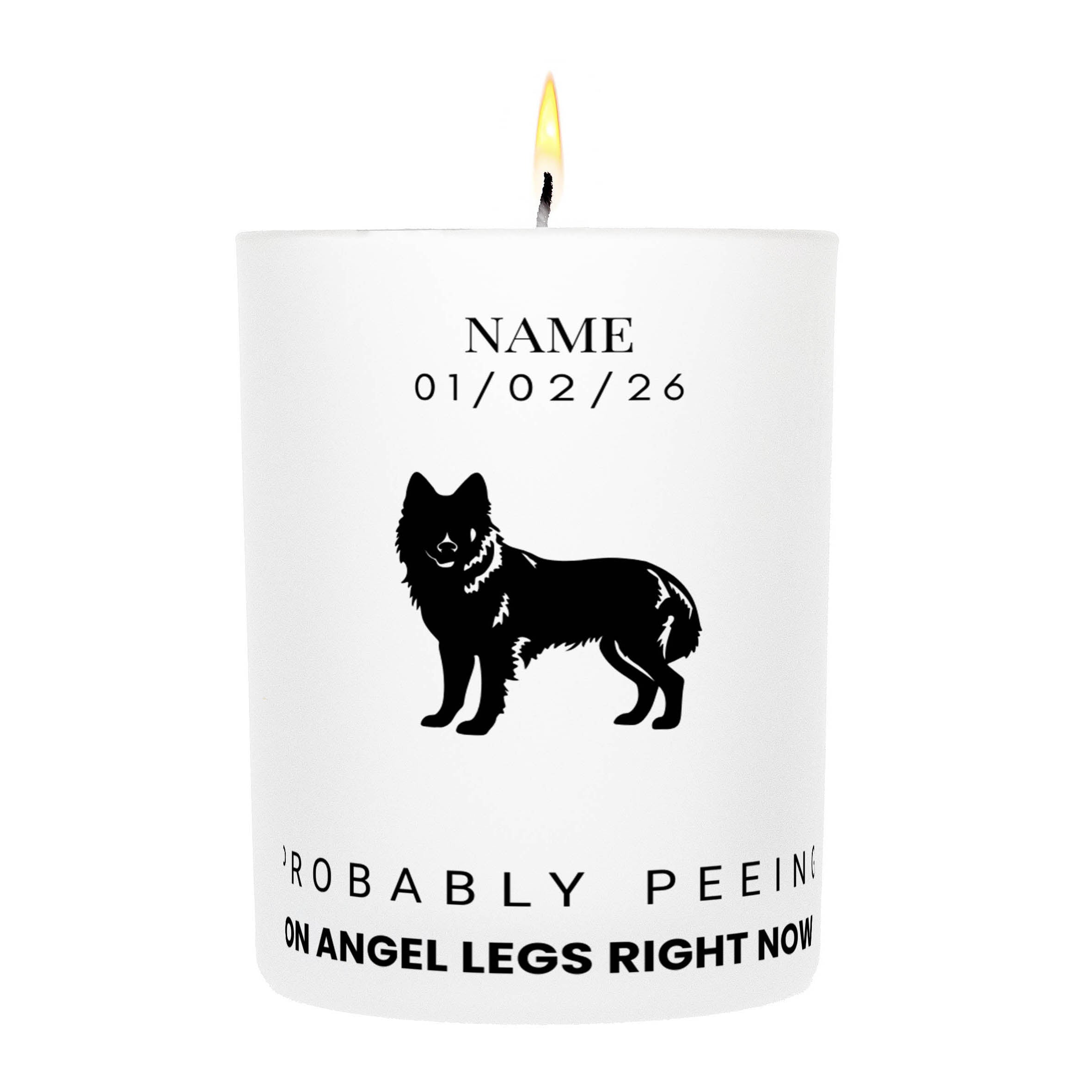 Norwegian Elkhound – Probably Peeing on Angel Legs Right Now Custom Candle