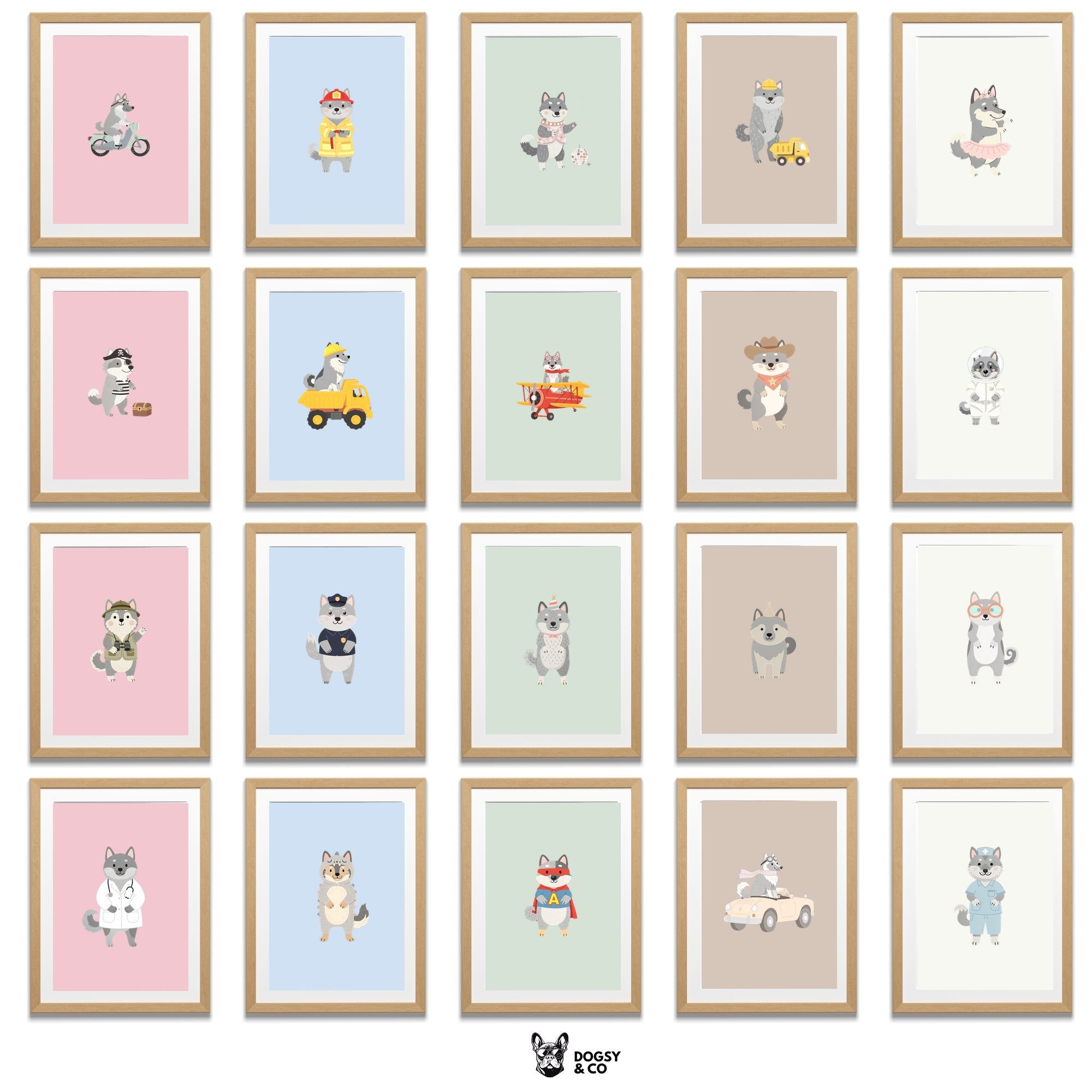 Norwegian Elkhound Kids Nursery Wall Art Print Bundle — 22 Dog Costume Designs, 5 Colours, 6 Print Sizes | Digital Download