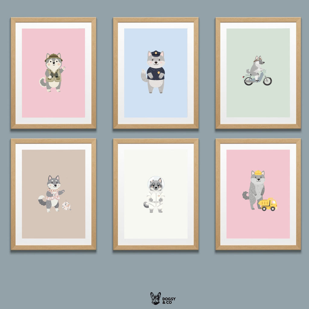 Norwegian Elkhound Kids Nursery Wall Art Print Bundle — 22 Dog Costume Designs, 5 Colours, 6 Print Sizes | Digital Download