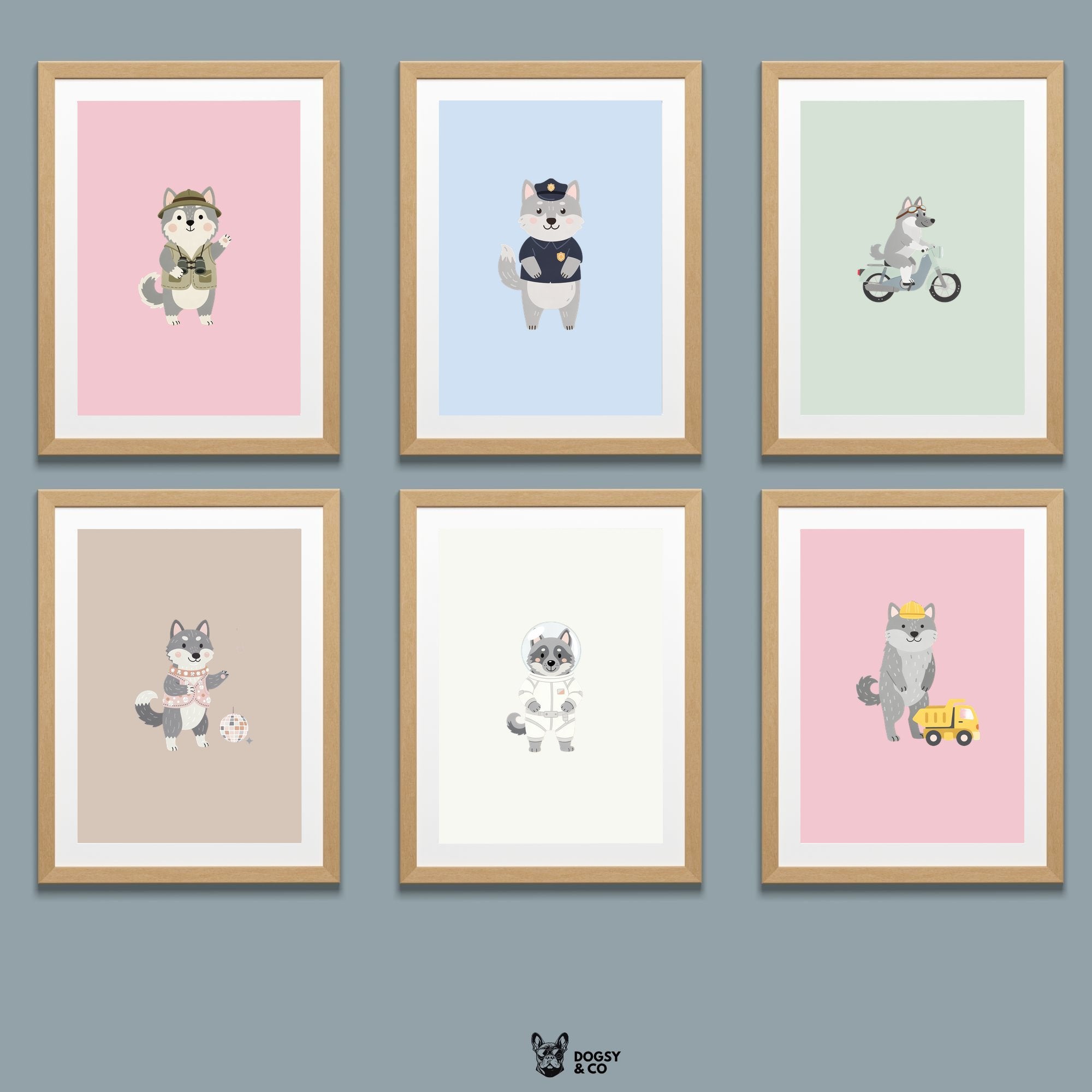 Norwegian Elkhound Kids Nursery Wall Art Print Bundle — 22 Dog Costume Designs, 5 Colours, 6 Print Sizes | Digital Download