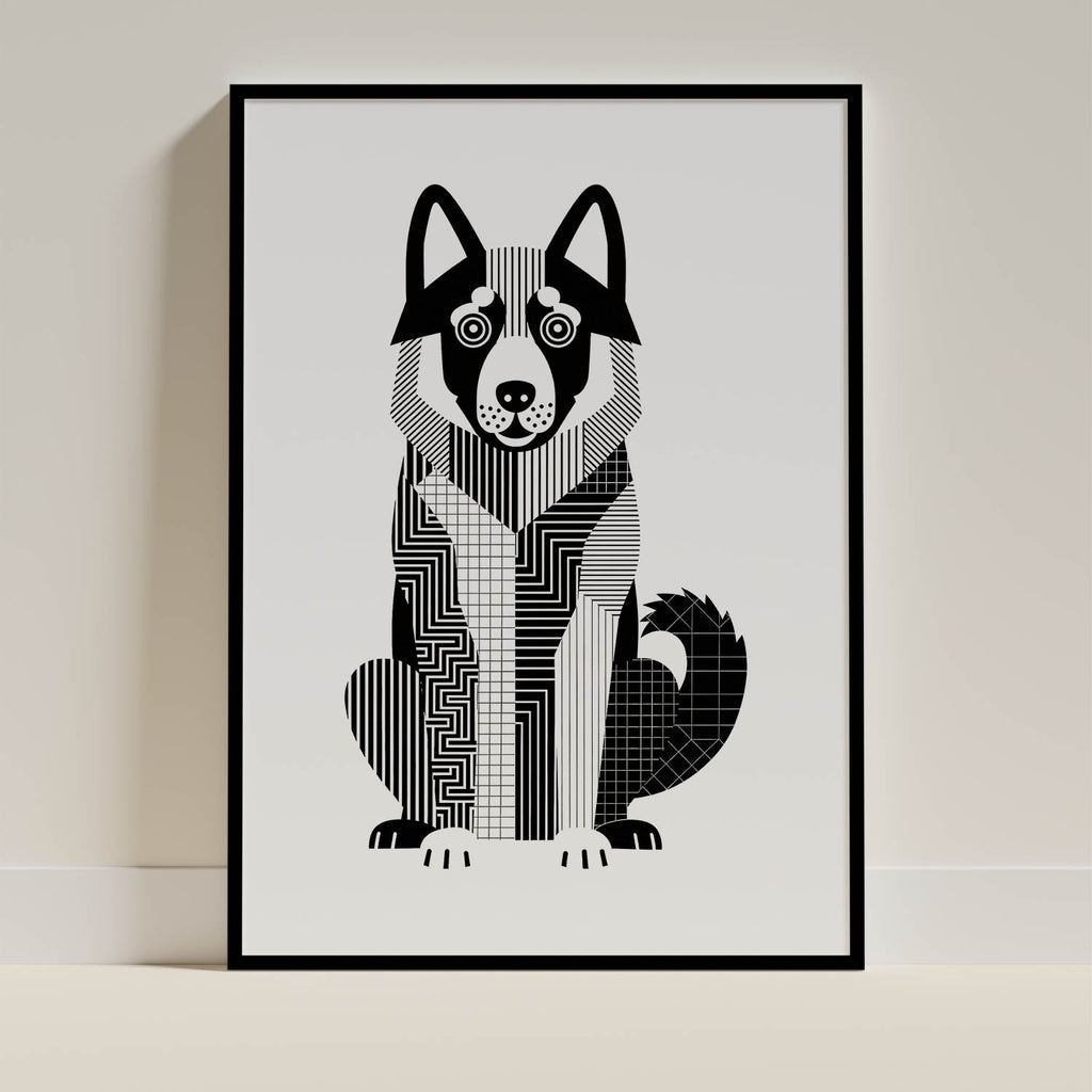 Norwegian Elkhound Geometric Line Art - Black Frame Mockup