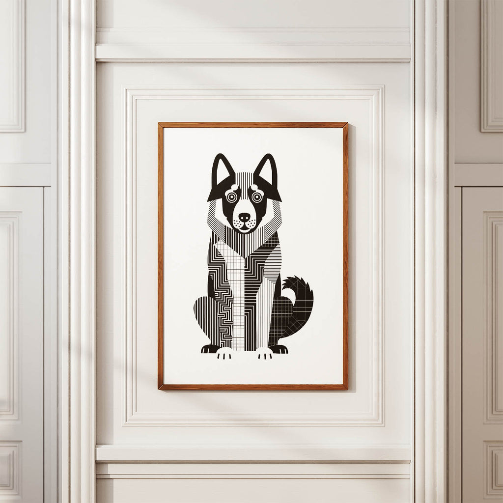 Norwegian Elkhound Geometric Line Art Print - Framed Mockup