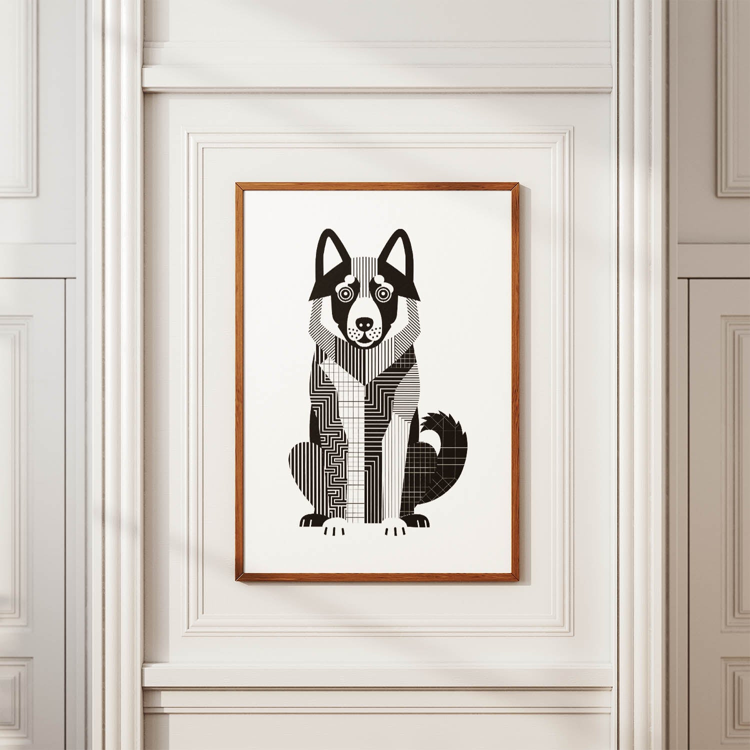 Norwegian Elkhound Geometric Line Art Print - Framed Mockup