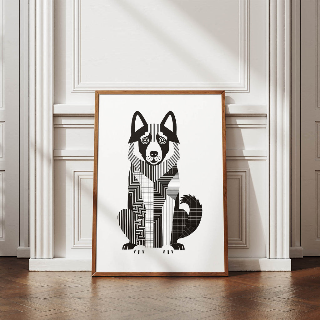 Norwegian Elkhound Geometric Line Art Print - Framed Mockup