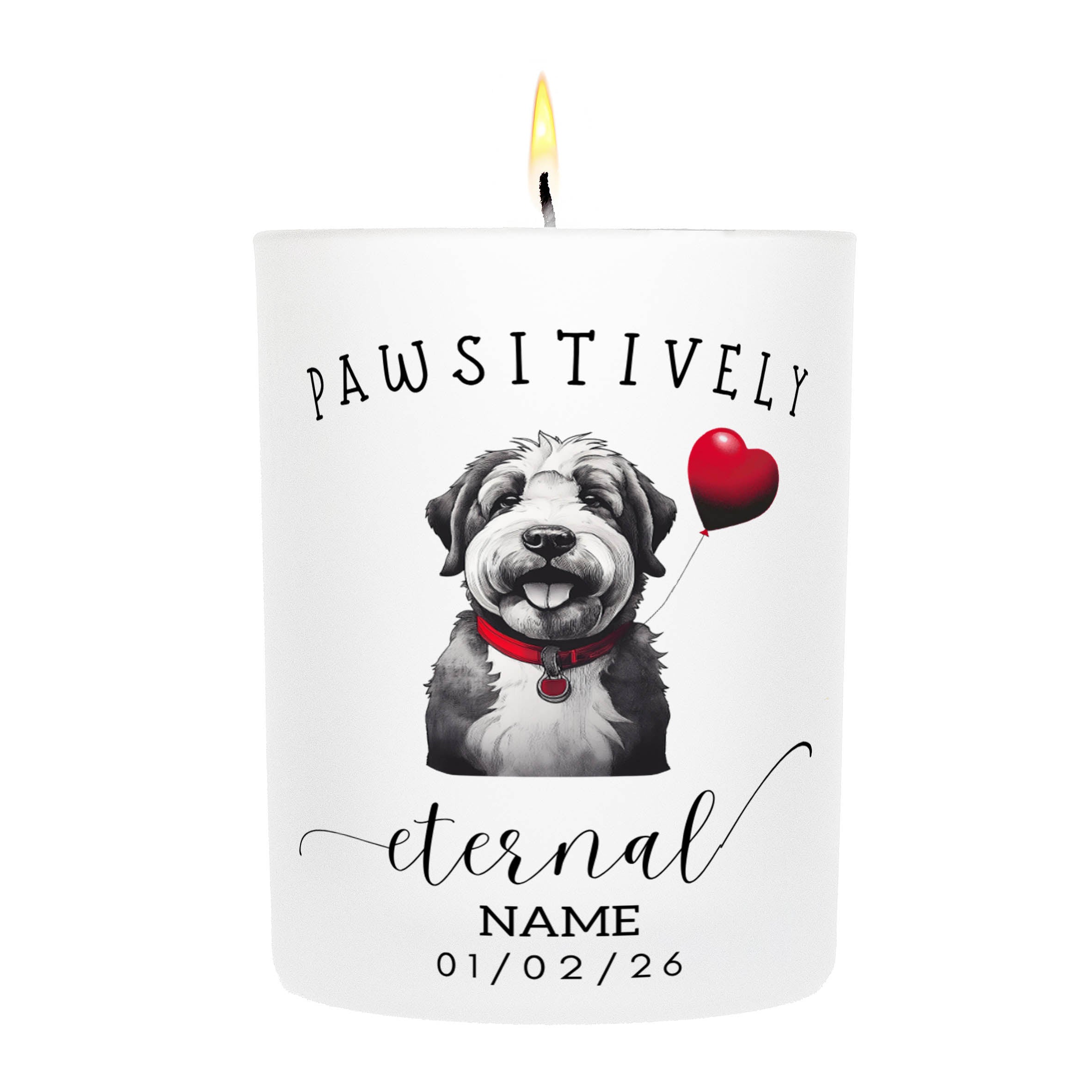 Old English Sheepdog In Memory Custom Pawsitively Eternal Candle White
