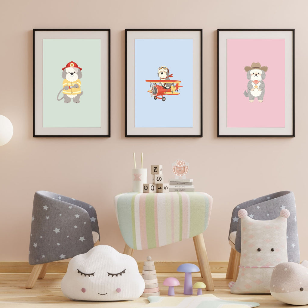 Old English Sheepdog Kids Nursery Wall Art Print Bundle — 22 Dog Costume Designs, 5 Colours, 6 Print Sizes | Digital Download