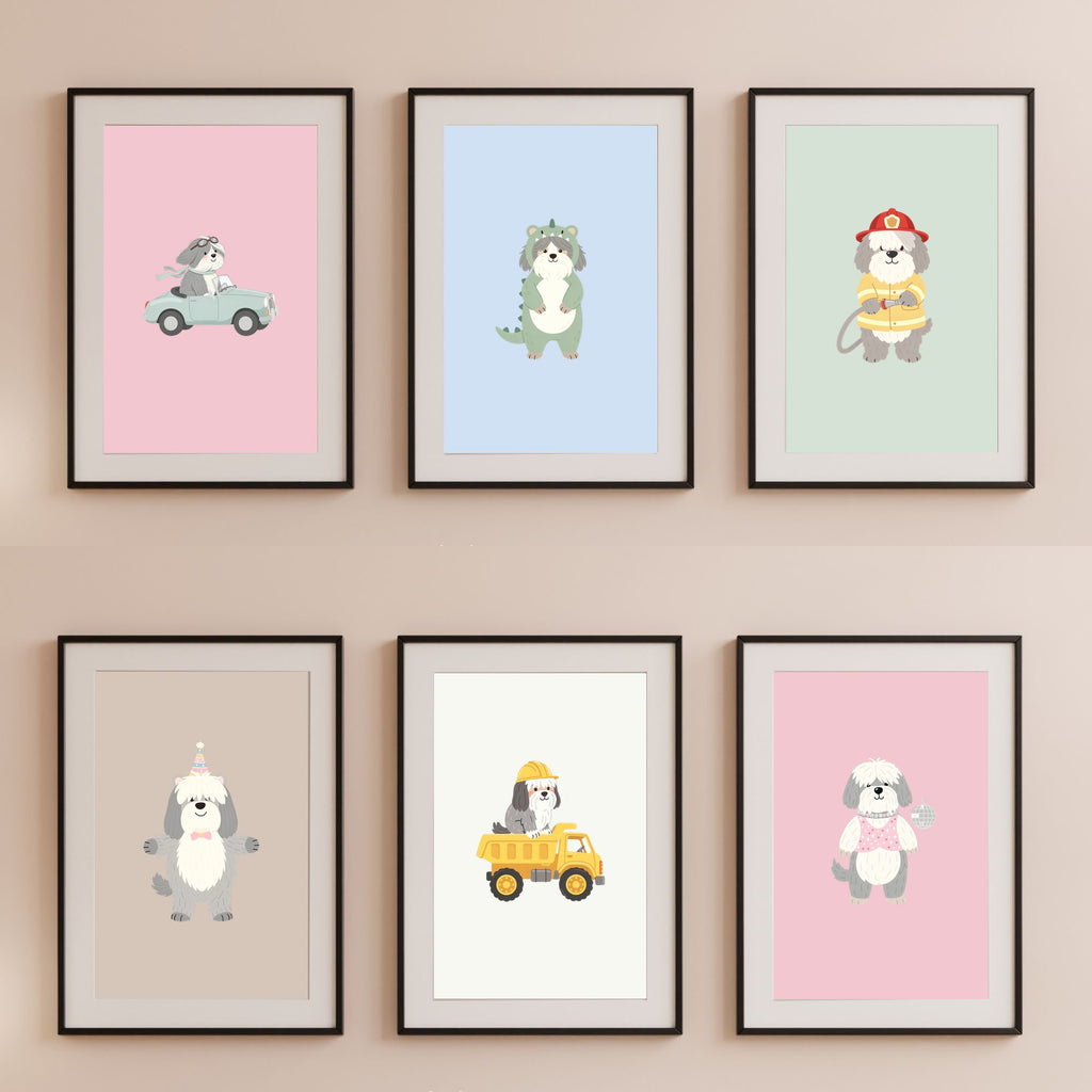 Old English Sheepdog Kids Nursery Wall Art Print Bundle — 22 Dog Costume Designs, 5 Colours, 6 Print Sizes | Digital Download