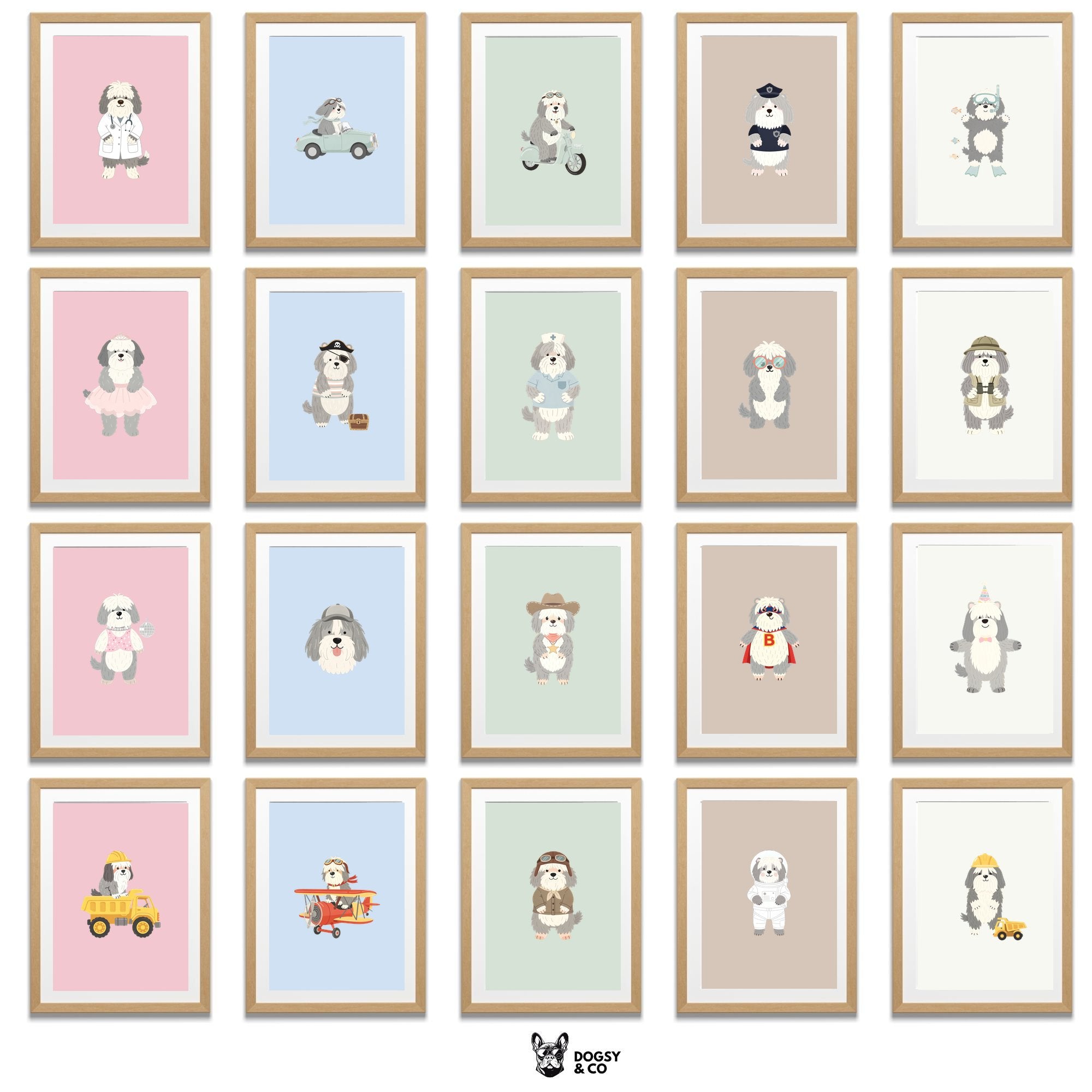 Old English Sheepdog Kids Nursery Wall Art Print Bundle — 22 Dog Costume Designs, 5 Colours, 6 Print Sizes | Digital Download