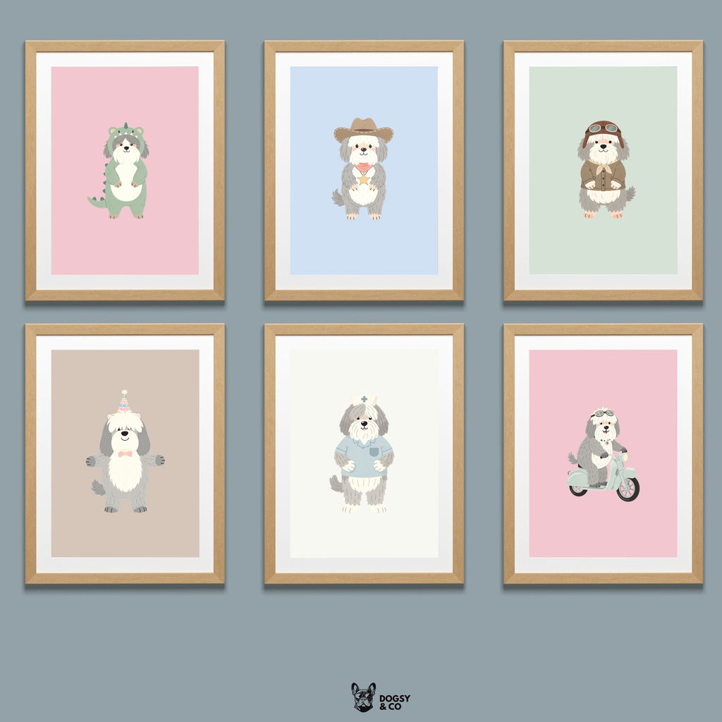 Old English Sheepdog Kids Nursery Wall Art Print Bundle — 22 Dog Costume Designs, 5 Colours, 6 Print Sizes | Digital Download