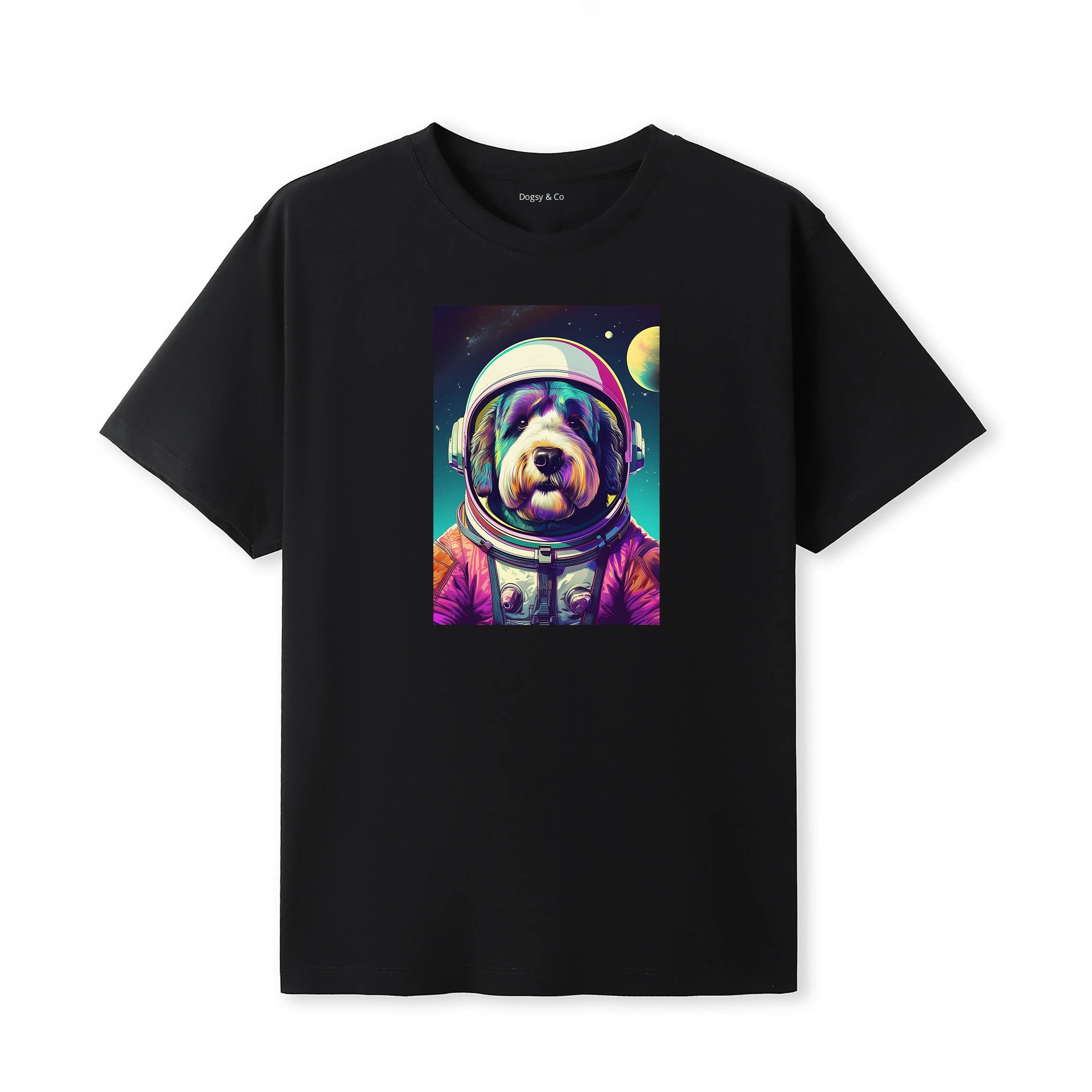 Old English Sheepdog Space Dogs T-Shirt colourful astronaut dog artwork in a retro space design