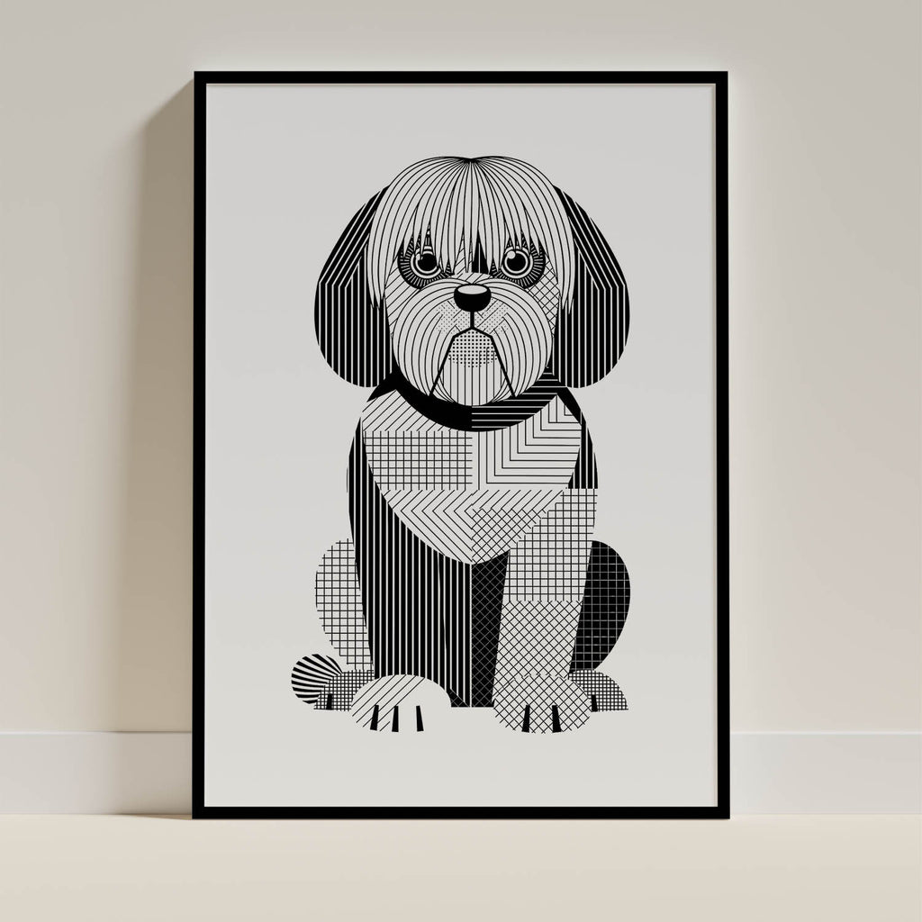 Old English Sheepdog Geometric Line Art Print - Framed Mockup