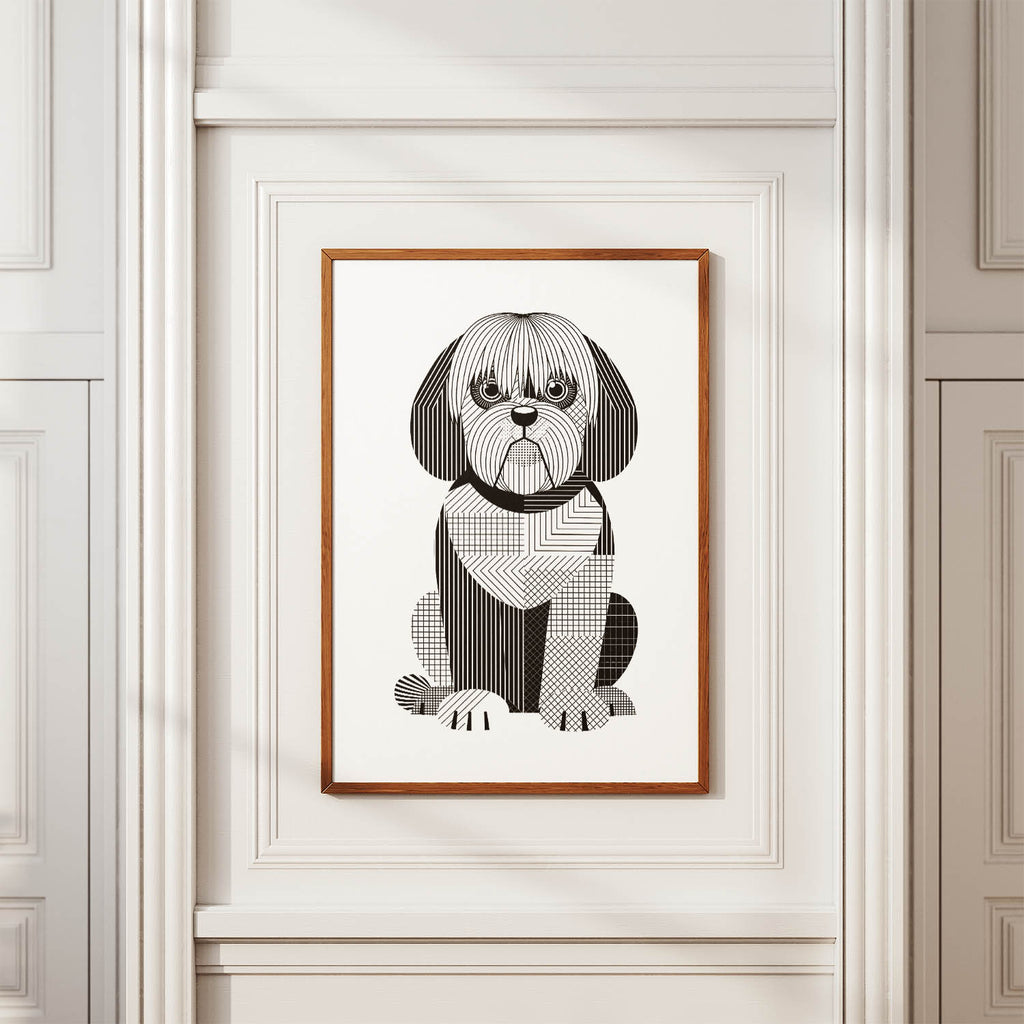 Old English Sheepdog Geometric Line Art Print - Framed Mockup