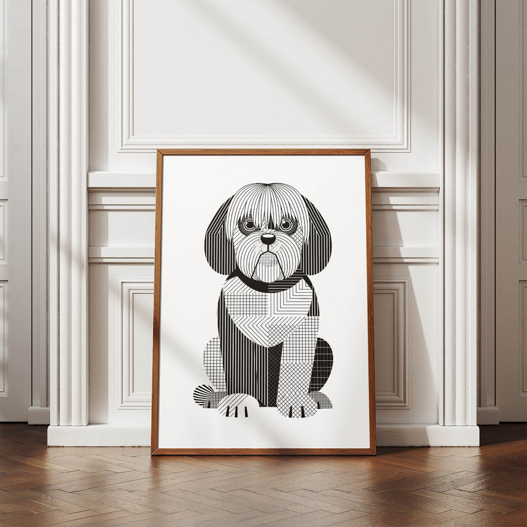 Old English Sheepdog Geometric Line Art Print - Framed Mockup