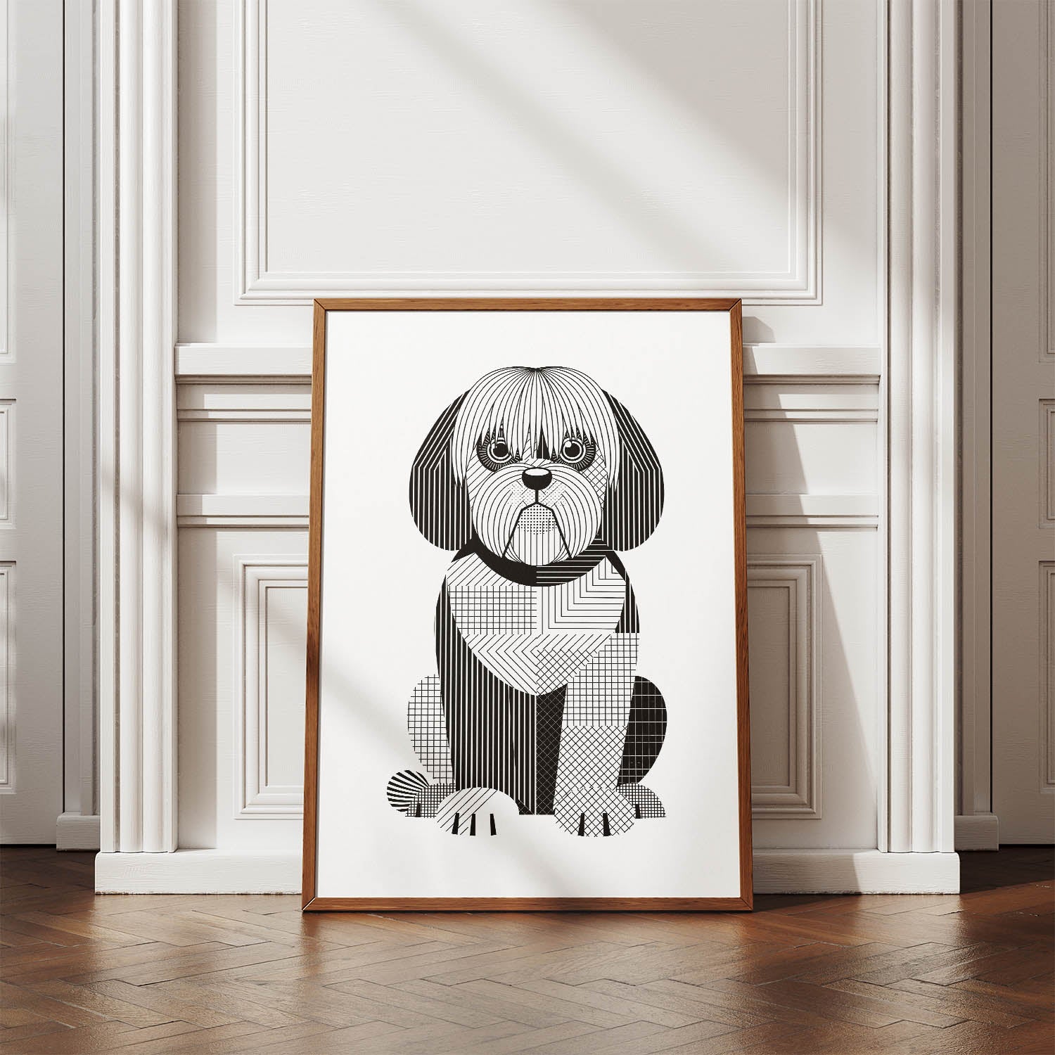 Old English Sheepdog Geometric Line Art Print - Framed Mockup