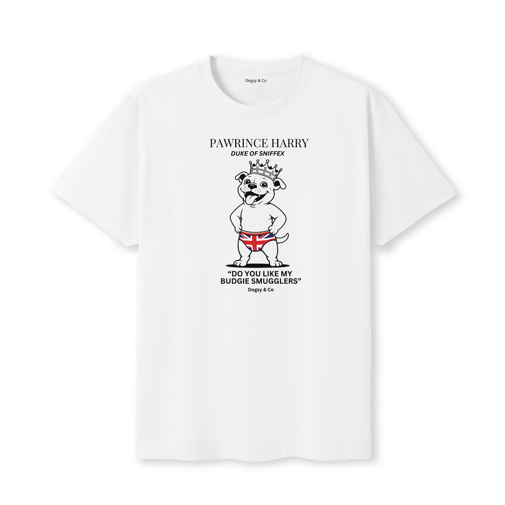 Pawrince Harry: Duke of Sniffex Tee - Do You Like My Budgie Smugglers