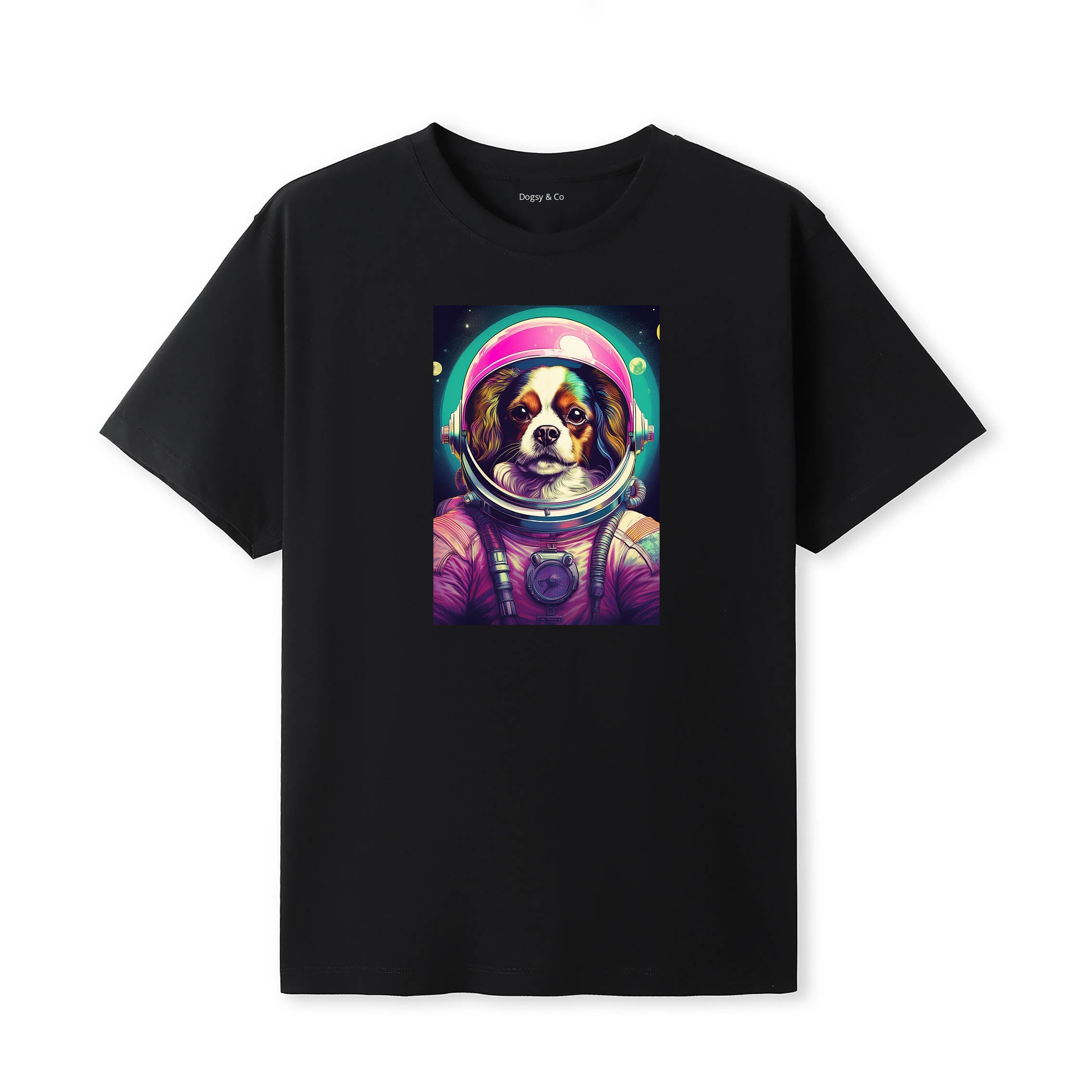 Papillon Space Dogs T-Shirt colourful astronaut dog artwork in a retro space design