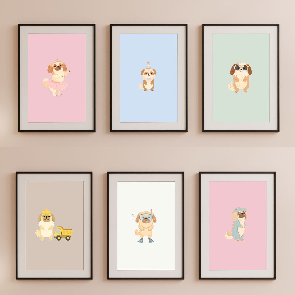 Pekingese Kids Nursery Wall Art Print Bundle — 22 Dog Costume Designs, 5 Colours, 6 Print Sizes | Digital Download
