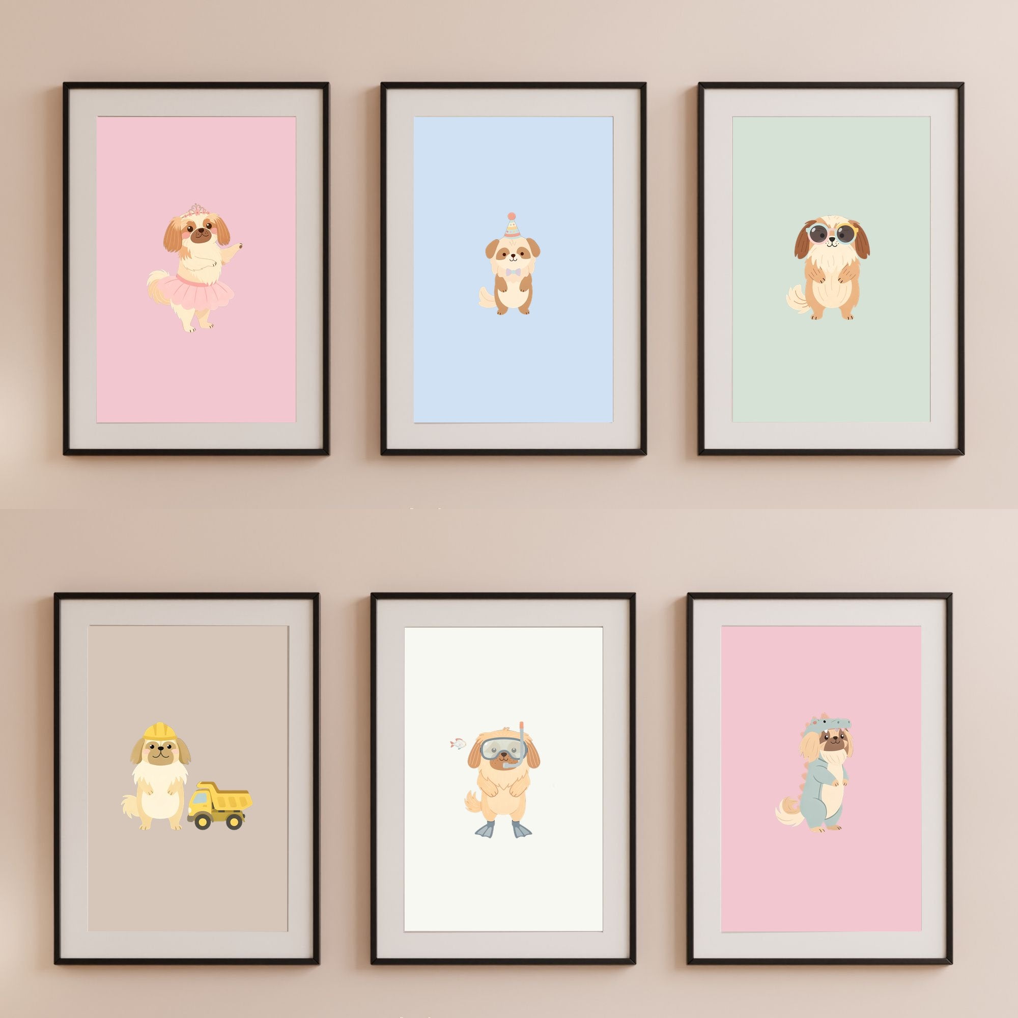Pekingese Kids Nursery Wall Art Print Bundle — 22 Dog Costume Designs, 5 Colours, 6 Print Sizes | Digital Download