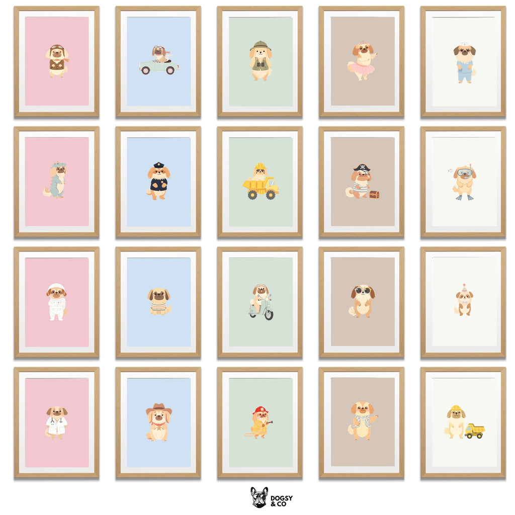 Pekingese Kids Nursery Wall Art Print Bundle — 22 Dog Costume Designs, 5 Colours, 6 Print Sizes | Digital Download