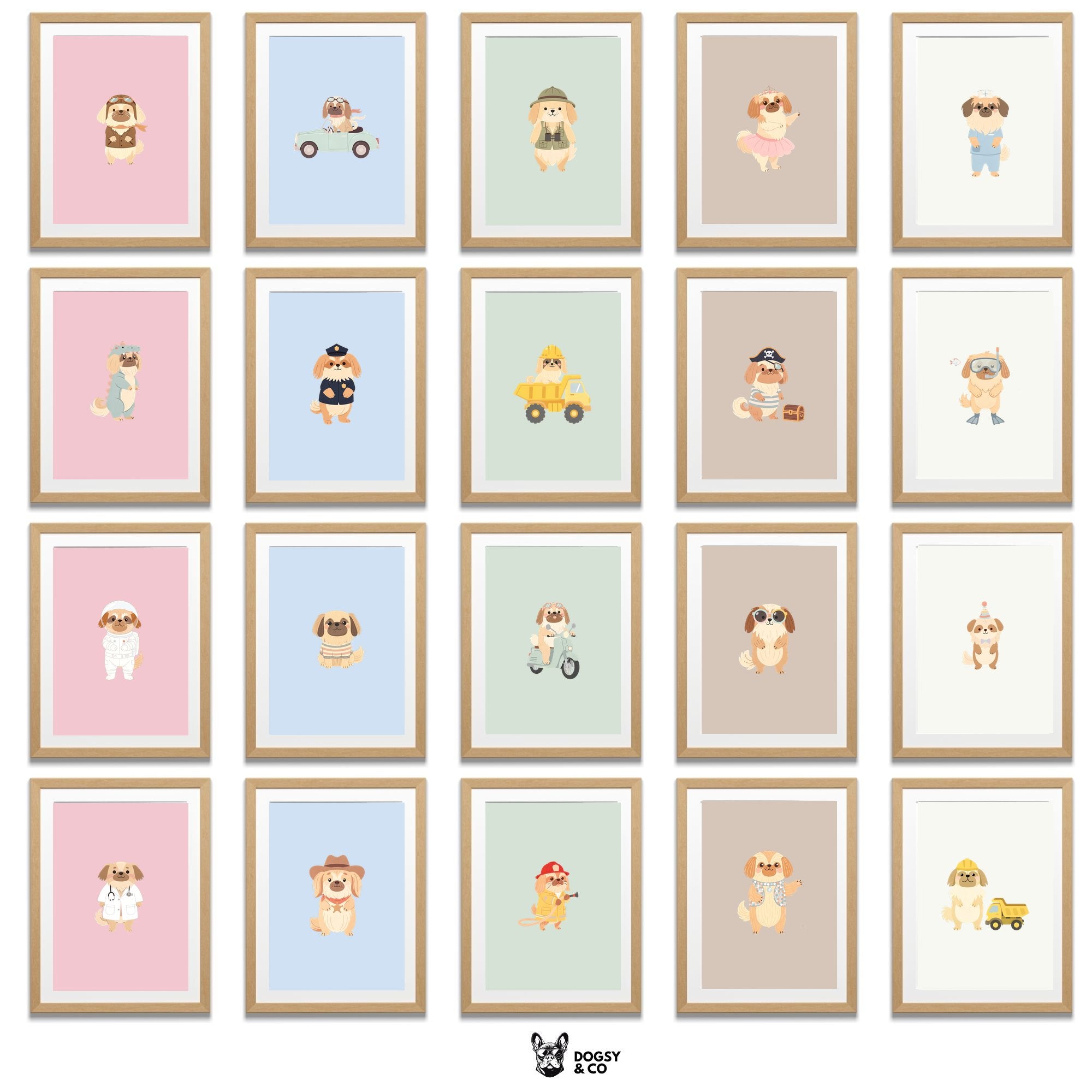 Pekingese Kids Nursery Wall Art Print Bundle — 22 Dog Costume Designs, 5 Colours, 6 Print Sizes | Digital Download